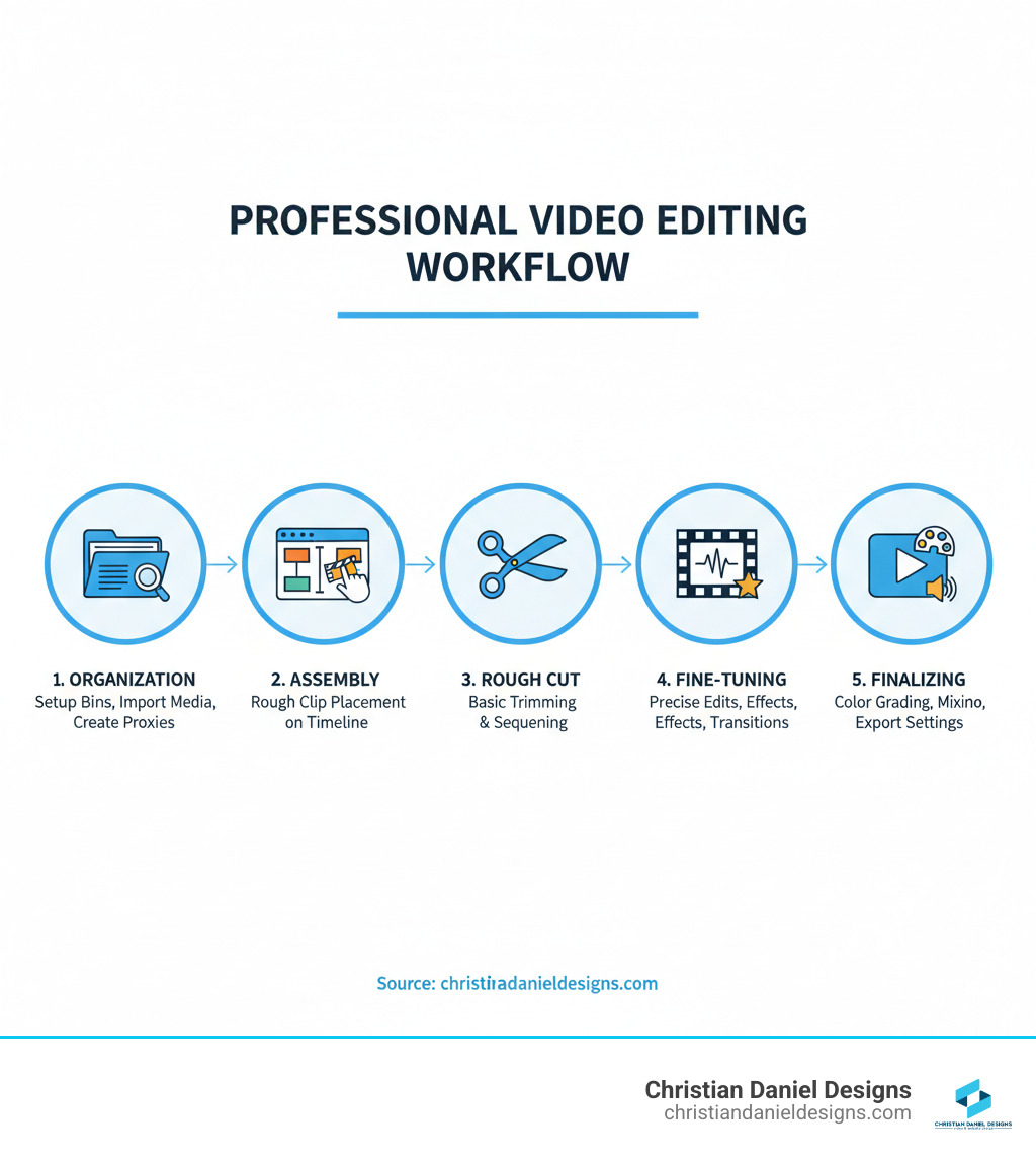 Infographic showing the 5 stages of a professional video editing workflow: Organization (setting up bins, importing media, creating proxies), Assembly (rough placement of clips on timeline), Rough Cut (basic trimming and sequencing), Fine-Tuning (precise edits, effects, transitions), and Finalizing (color grading, audio mixing, export settings) - Premiere Pro editing techniques infographic 