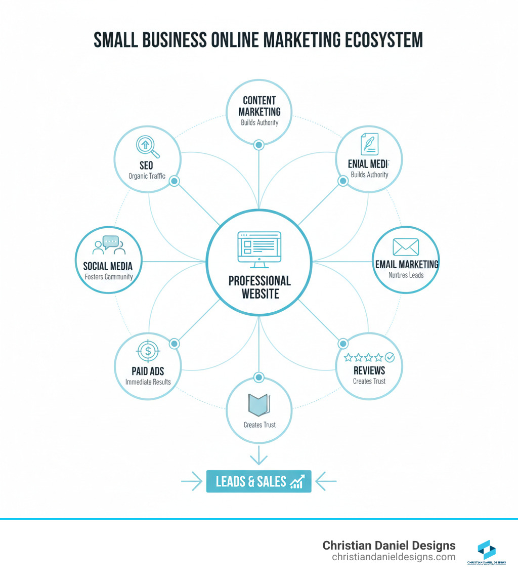 Infographic showing the interconnected ecosystem of small business online marketing: a professional website at the center, connected to SEO bringing organic traffic, content marketing building authority, social media fostering community, email marketing nurturing leads, paid ads driving immediate results, and online reviews creating trust—all working together to generate leads and sales - Small business online marketing infographic 