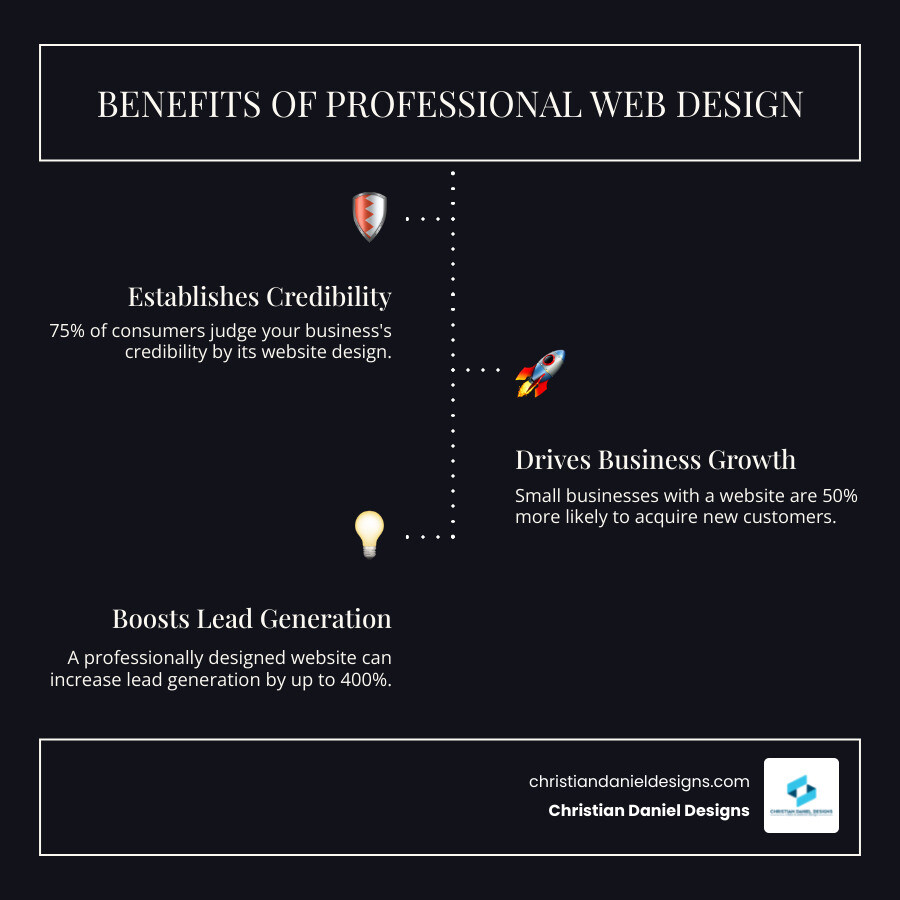 Infographic explaining the key benefits of professional web design for a small business - website designers for small business infographic infographic-line-3-steps-dark