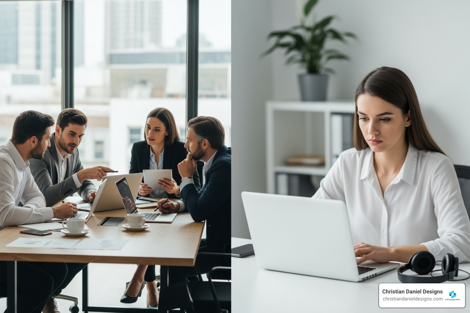 image of a team collaborating vs. an individual working on a laptop - website designers for small business