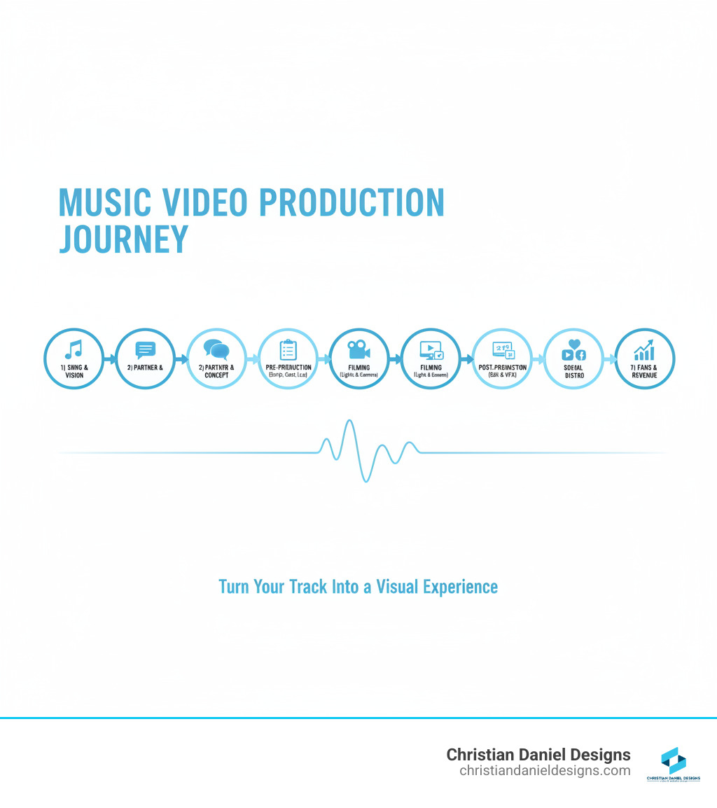 Infographic showing the music video production journey: 1) Song completion and vision development, 2) Partner selection and concept creation, 3) Pre-production planning (scripting, casting, locations), 4) Professional filming with lighting and cinematography, 5) Post-production editing and effects, 6) Social media optimization and distribution, 7) Fan engagement and revenue growth - music video production company infographic 