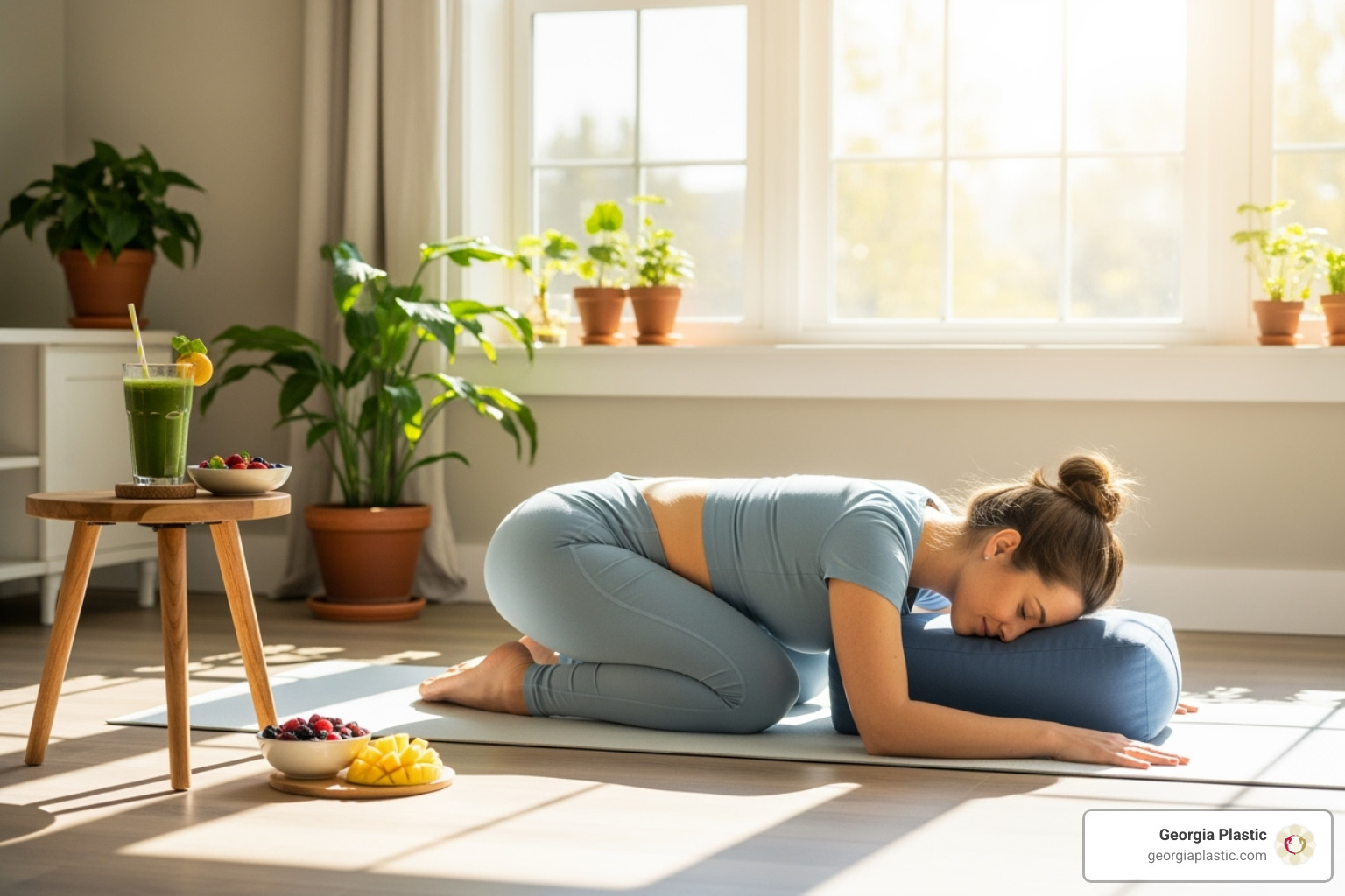 A woman practicing gentle postpartum yoga in a sunny room, with a healthy smoothie and fruits on a nearby table. - post pregnancy body transformation