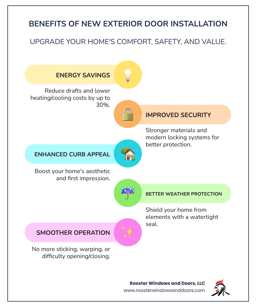 Benefits of new exterior door installation including 30% energy savings, improved security, enhanced curb appeal, better weather protection, and smoother operation - exterior door installation infographic infographic-line-5-steps-colors