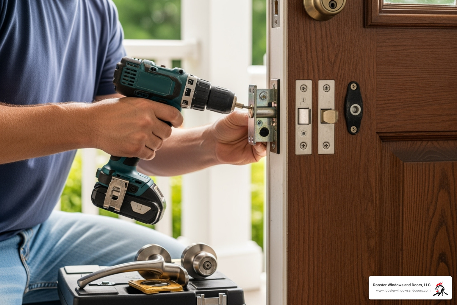 person installing new deadbolt and handle set - exterior door installation