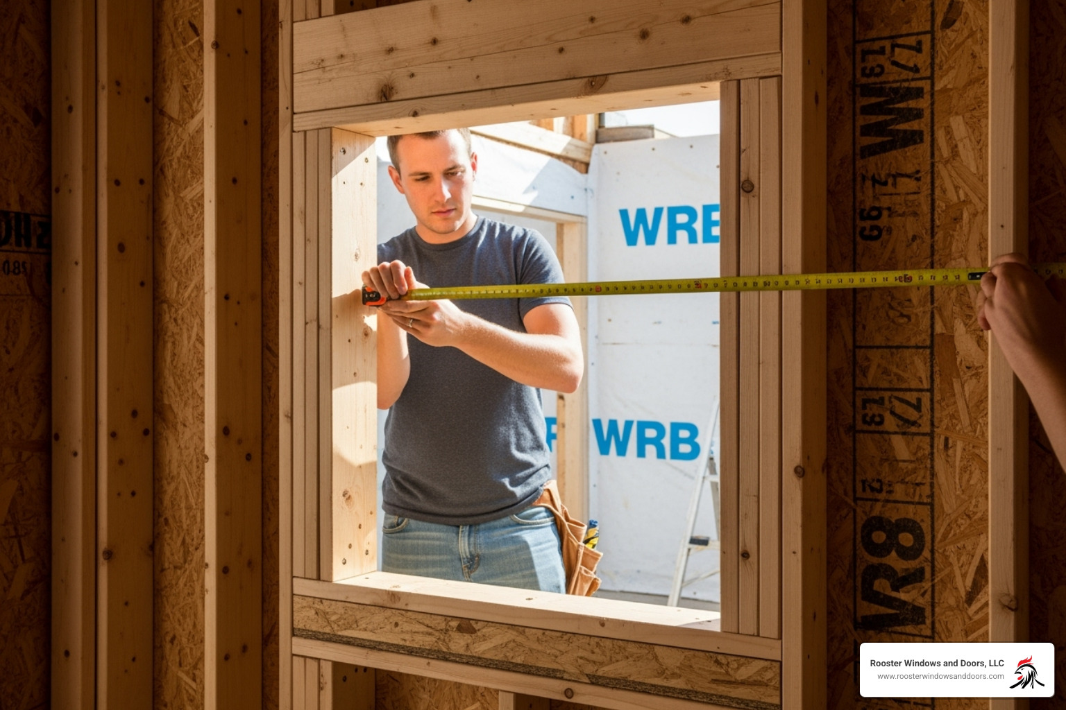 clean and prepared rough opening being measured - exterior door installation