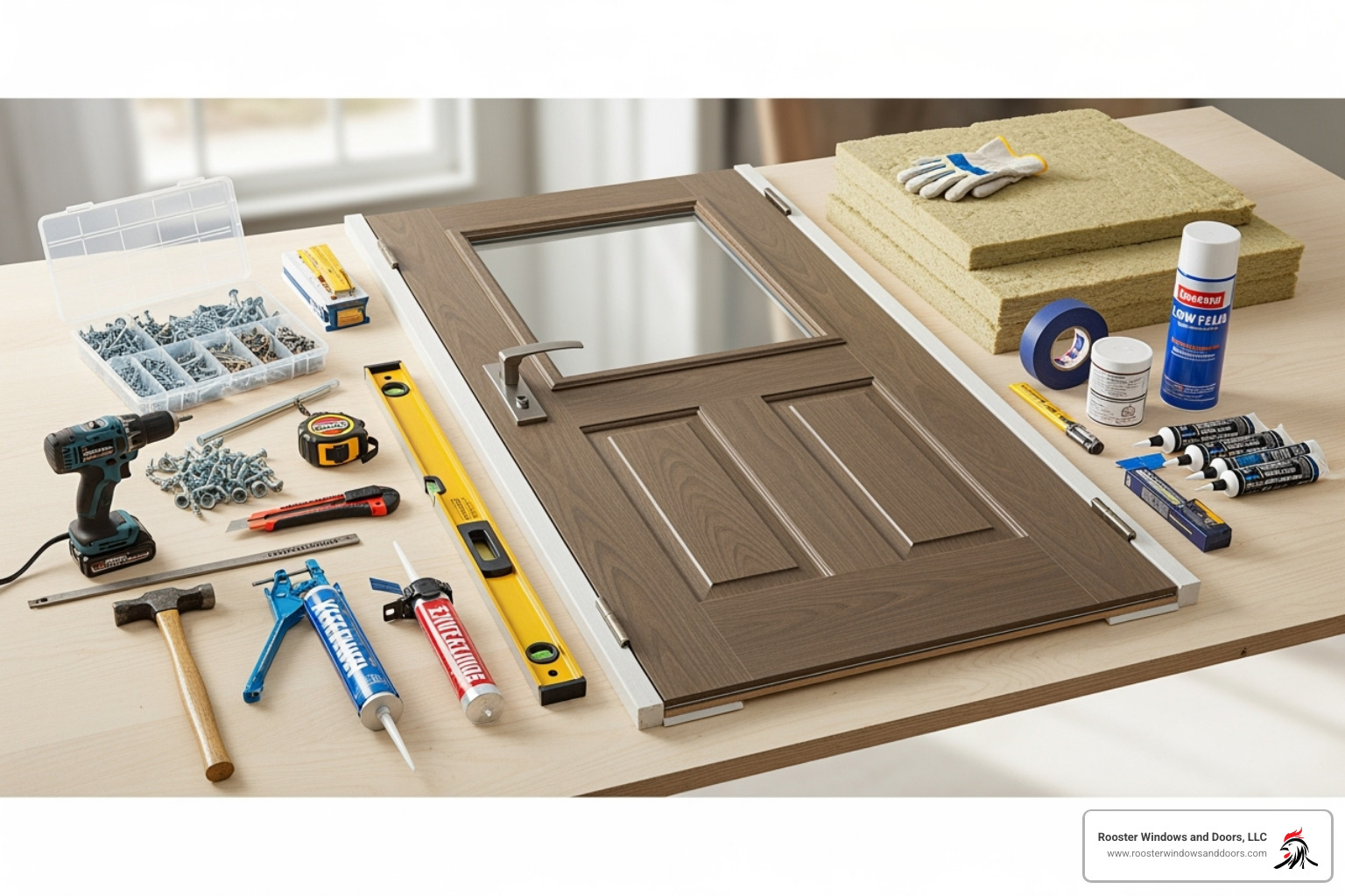all necessary tools and materials laid out neatly - exterior door installation