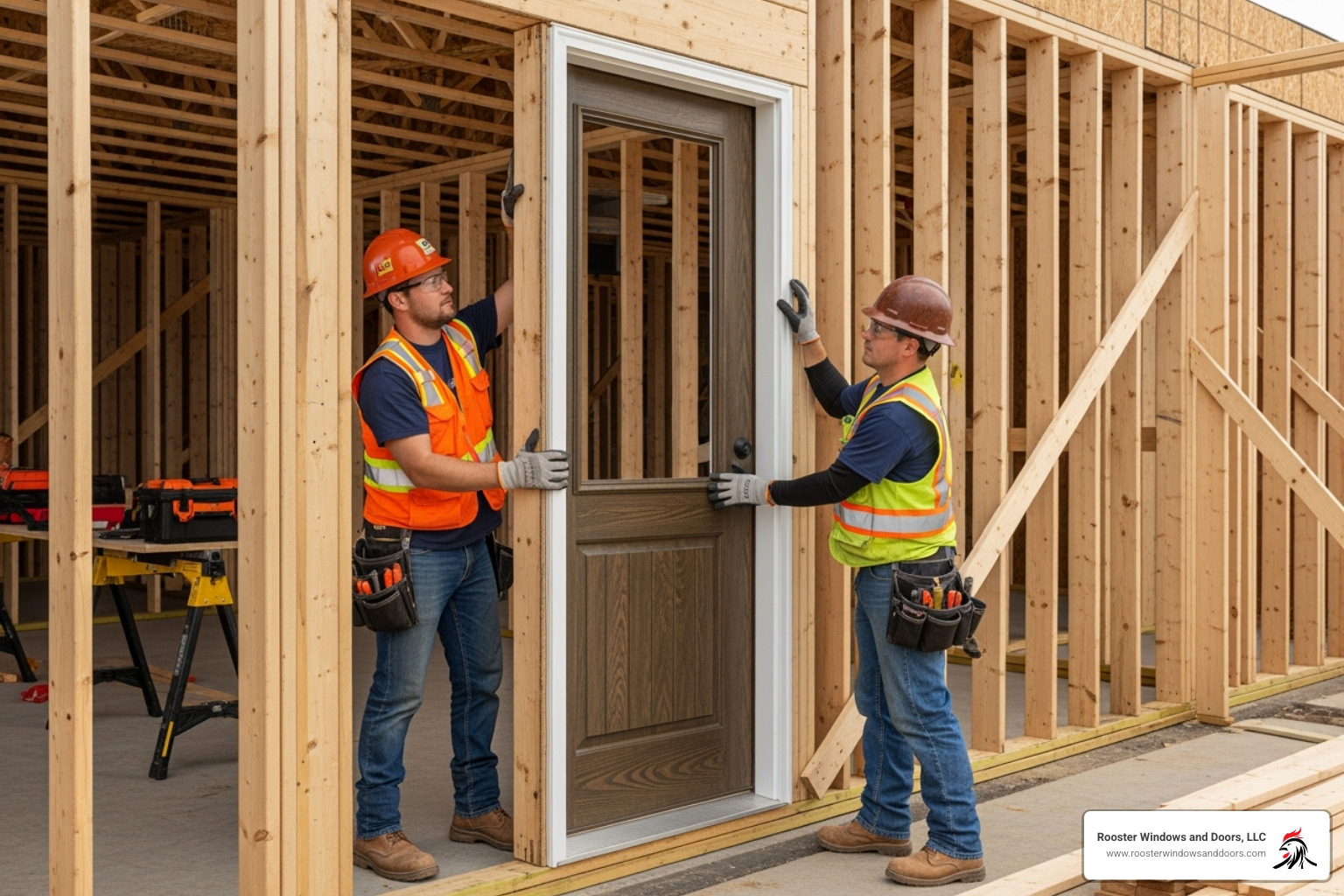 pre-hung door being carefully placed into the rough opening - exterior door installation