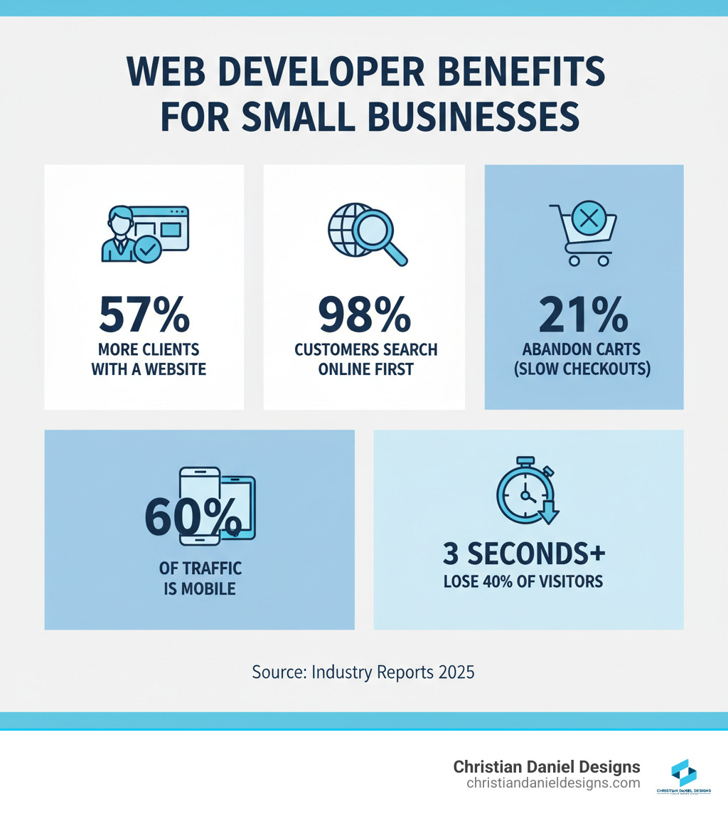 Infographic showing web developer benefits: 57% more likely to get clients with a website, 98% of customers search online first, 21% abandon carts due to slow checkouts, 60% of traffic is mobile, websites loading over 3 seconds lose 40% of visitors - web developer for small business infographic