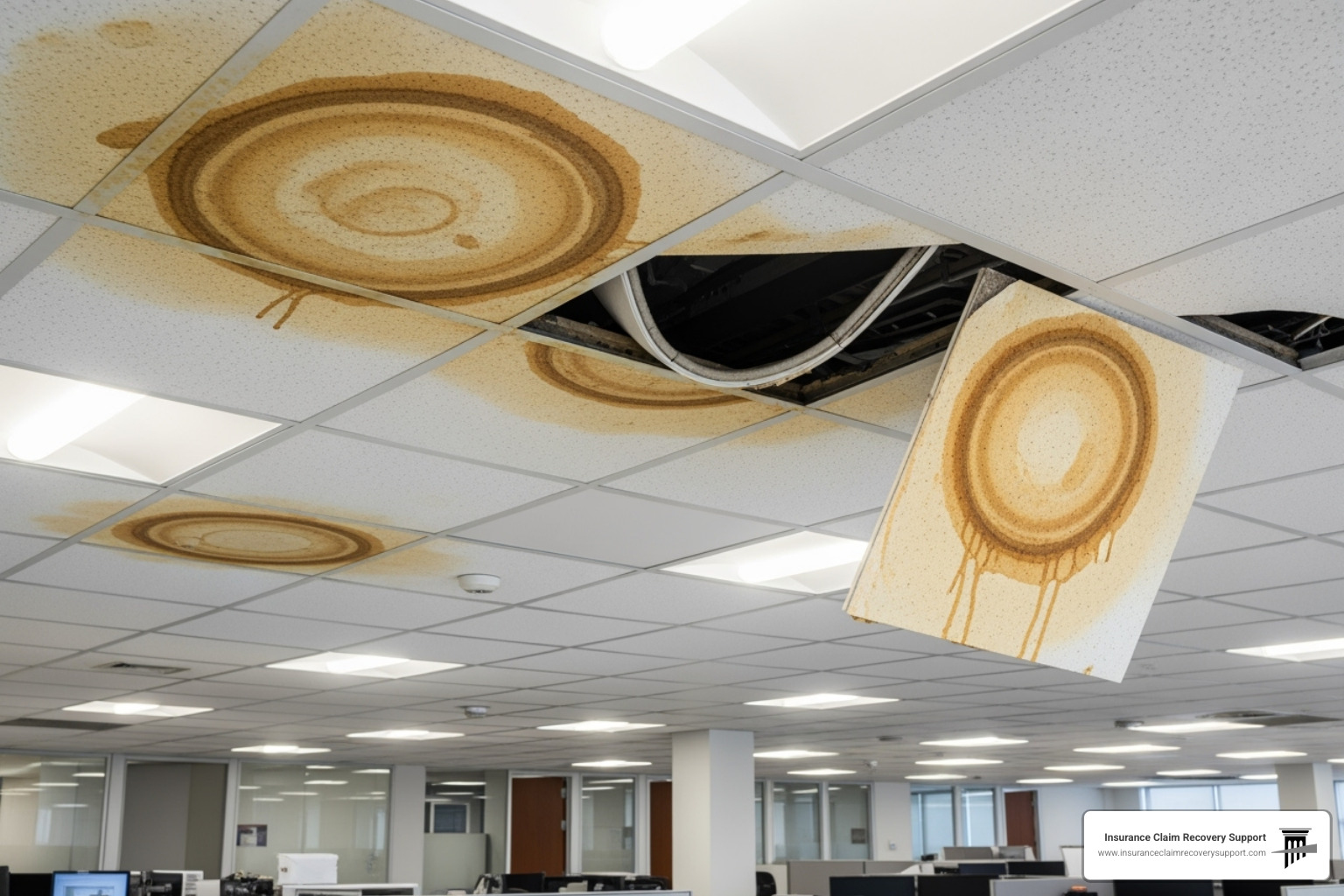 Water-damaged ceiling tiles in an office setting - Commercial building damage