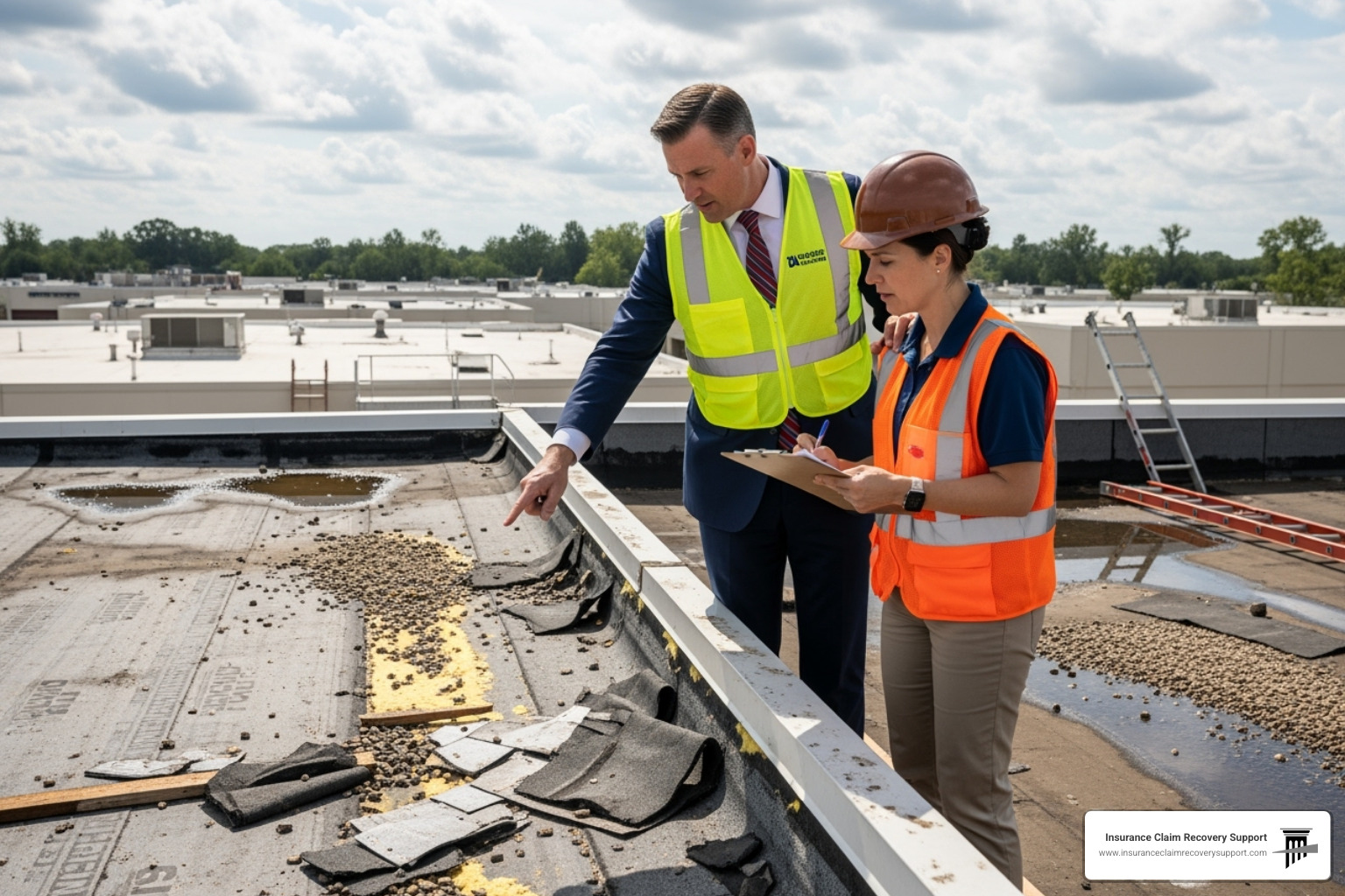 A public adjuster inspecting a damaged roof with a property manager - Commercial building damage