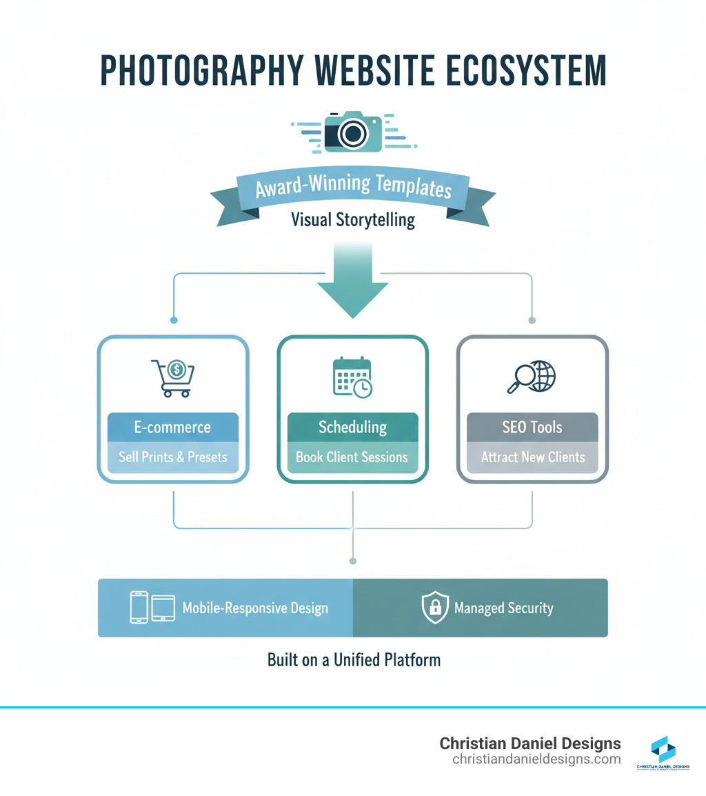 Infographic Showing The Complete Squarespace Photography Website Ecosystem: Award-Winning Templates Designed For Visual Storytelling At The Top, Branching Into Three Core Business Functions - E-Commerce For Selling Prints And Presets On The Left, Scheduling Integration For Booking Client Sessions In The Center, And Seo Tools For Attracting New Clients On The Right, All Built On A Foundation Of Mobile-Responsive Design And Managed Security - Squarespace Websites For Photographers Infographic  Infographic showing the complete squarespace photography website ecosystem: award-winning templates designed for visual storytelling at the top, branching into three core business functions - e-commerce for selling prints and presets on the left, scheduling integration for booking client sessions in the center, and seo tools for attracting new clients on the right, all built on a foundation of mobile-responsive design and managed security - squarespace websites for photographers infographic