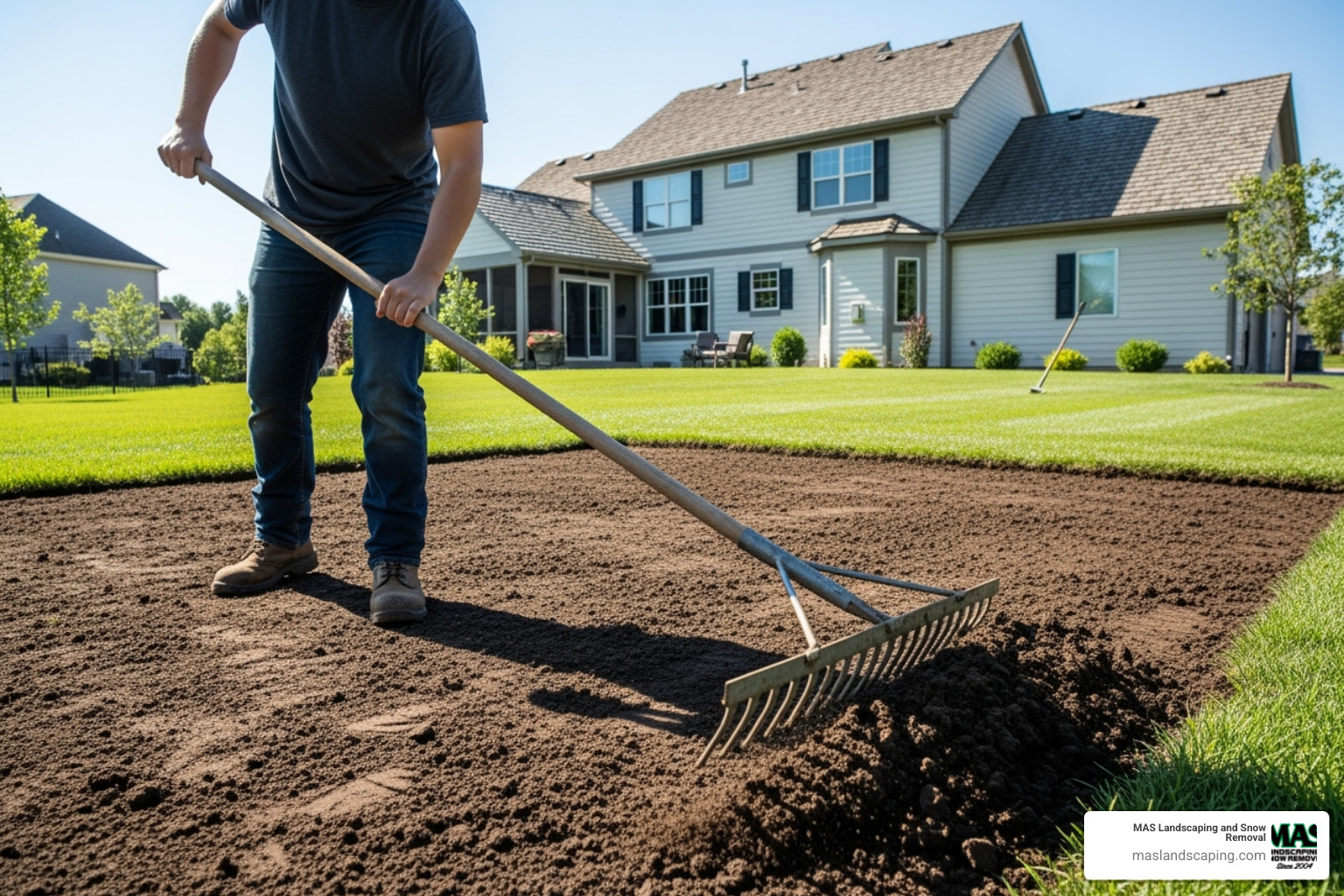 Soil being raked level - laying a new turf lawn Soil being raked level - laying a new turf lawn
