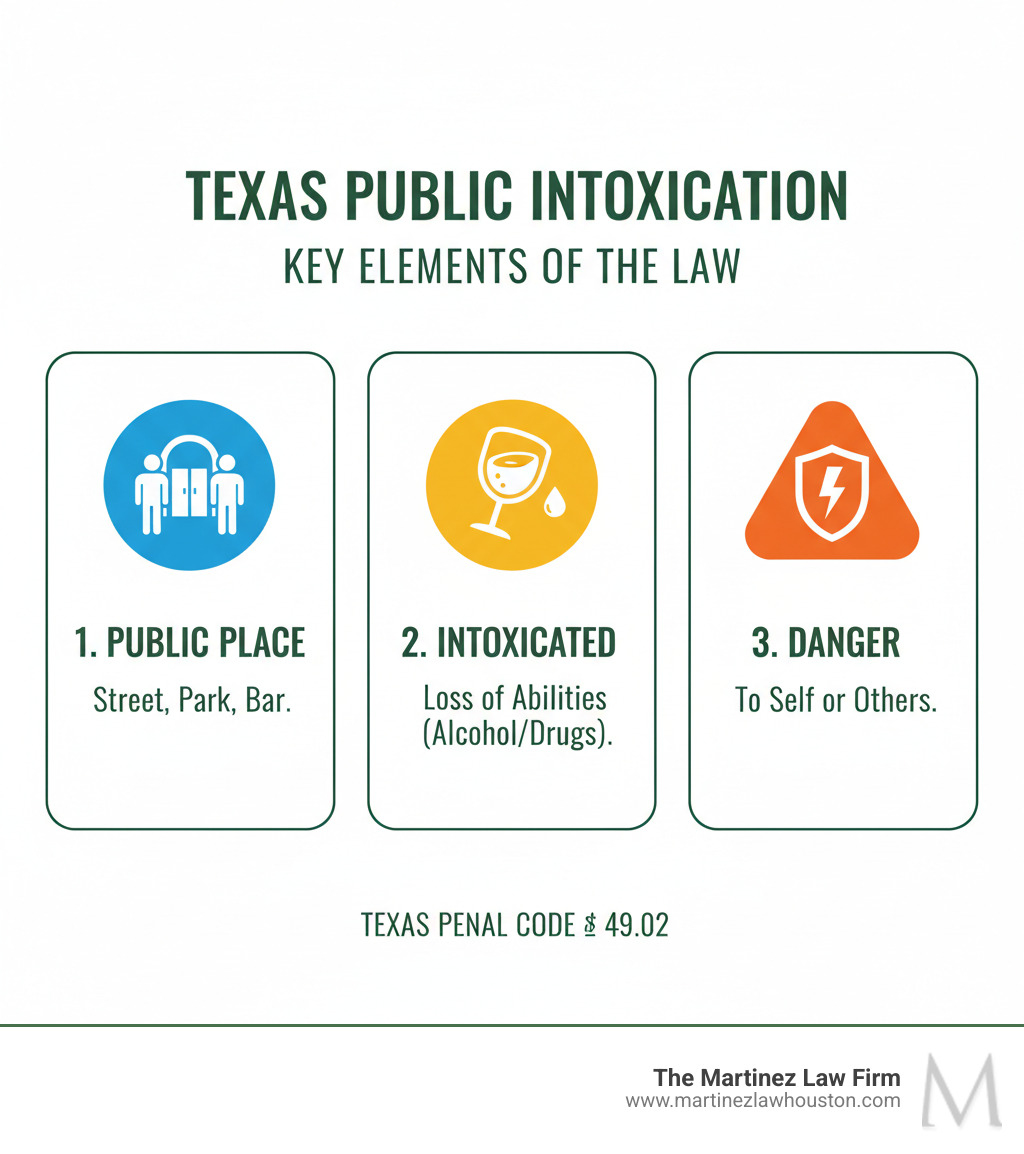 Infographic detailing the three key elements of a Public Intoxication charge in Texas: being in a public place, being intoxicated, and posing a danger to yourself or others - Public intoxication Texas infographic 