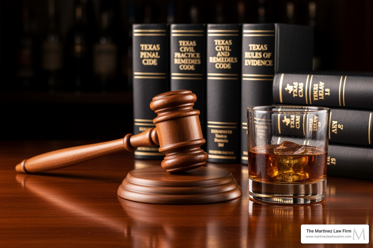Gavel resting next to a cocktail glass on a bar with Texas law books - Public intoxication Texas