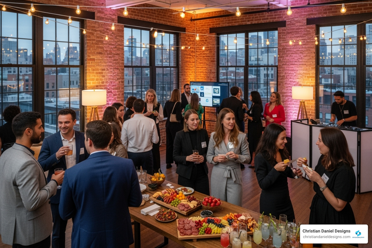A diverse group of creative professionals networking at a vibrant industry event in a stylish NYC loft space - music video editor NYC