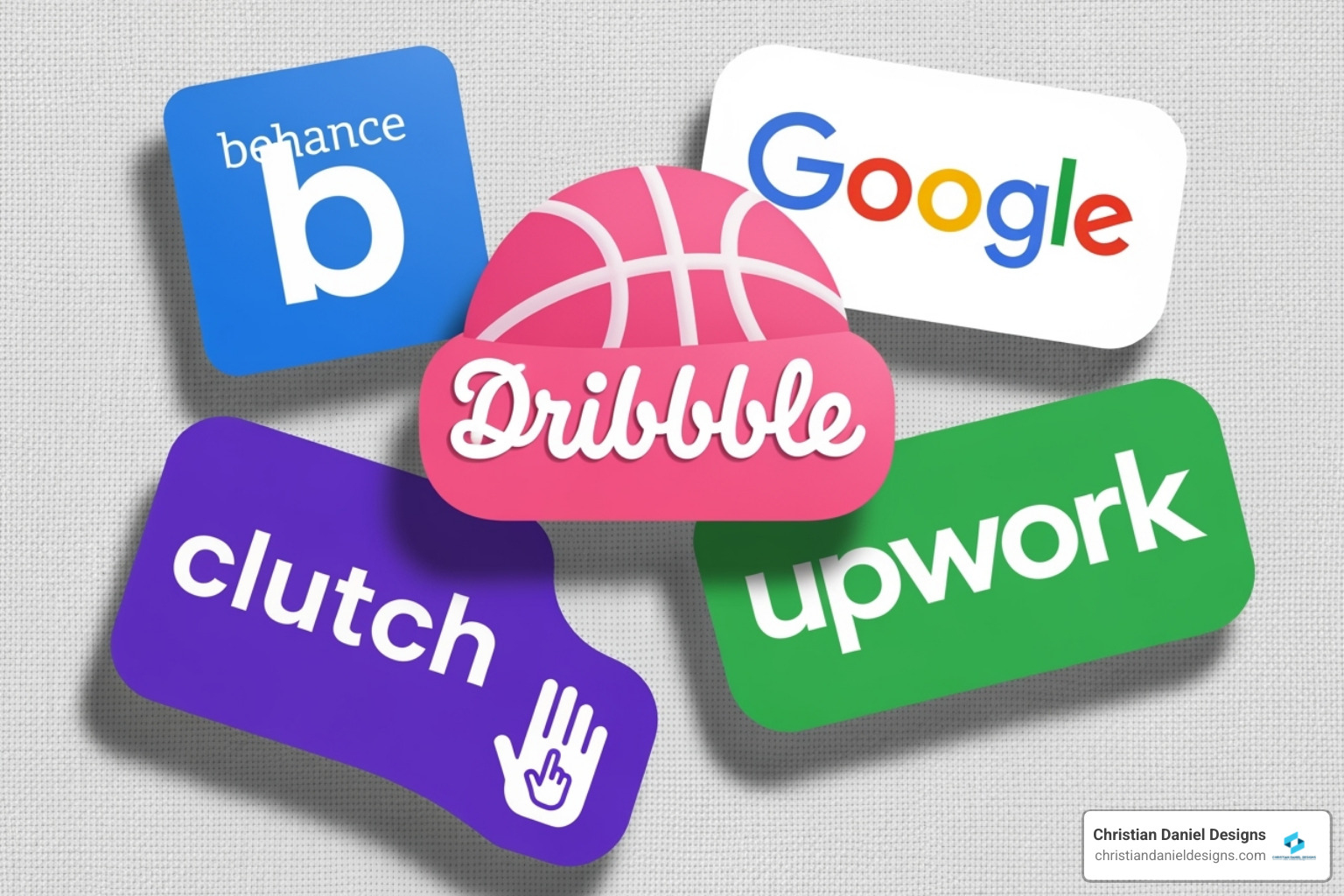 Collage of platform logos like Dribbble, Behance, Clutch, Upwork, Google - how to find a web designer for small business