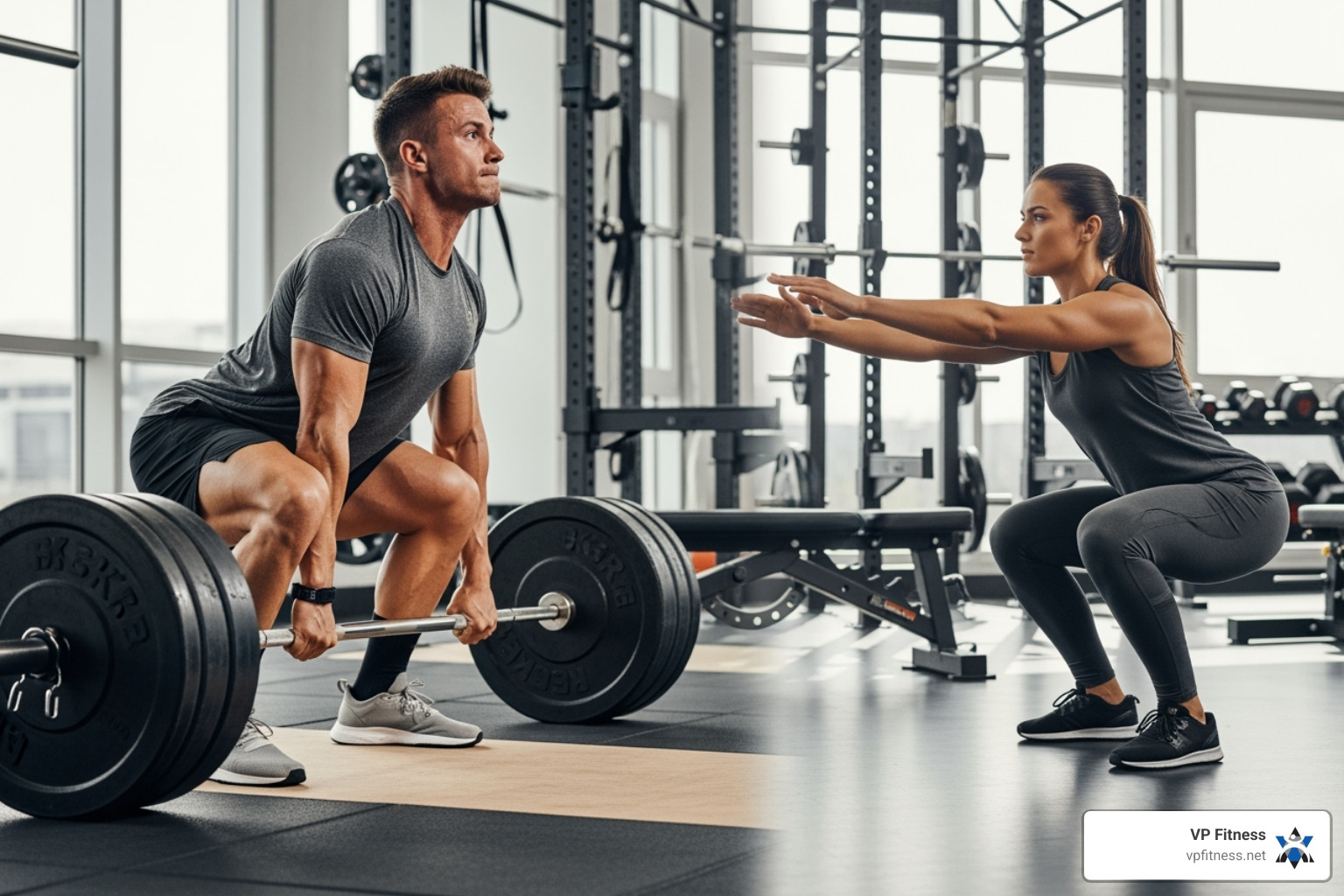 Image showing two people. On the left, a person is deadlifting a heavy barbell, representing a strength goal with low reps and high weight. On the right, a person is performing bodyweight squats rapidly, representing an endurance goal with high reps and lower intensity. - fitness program design