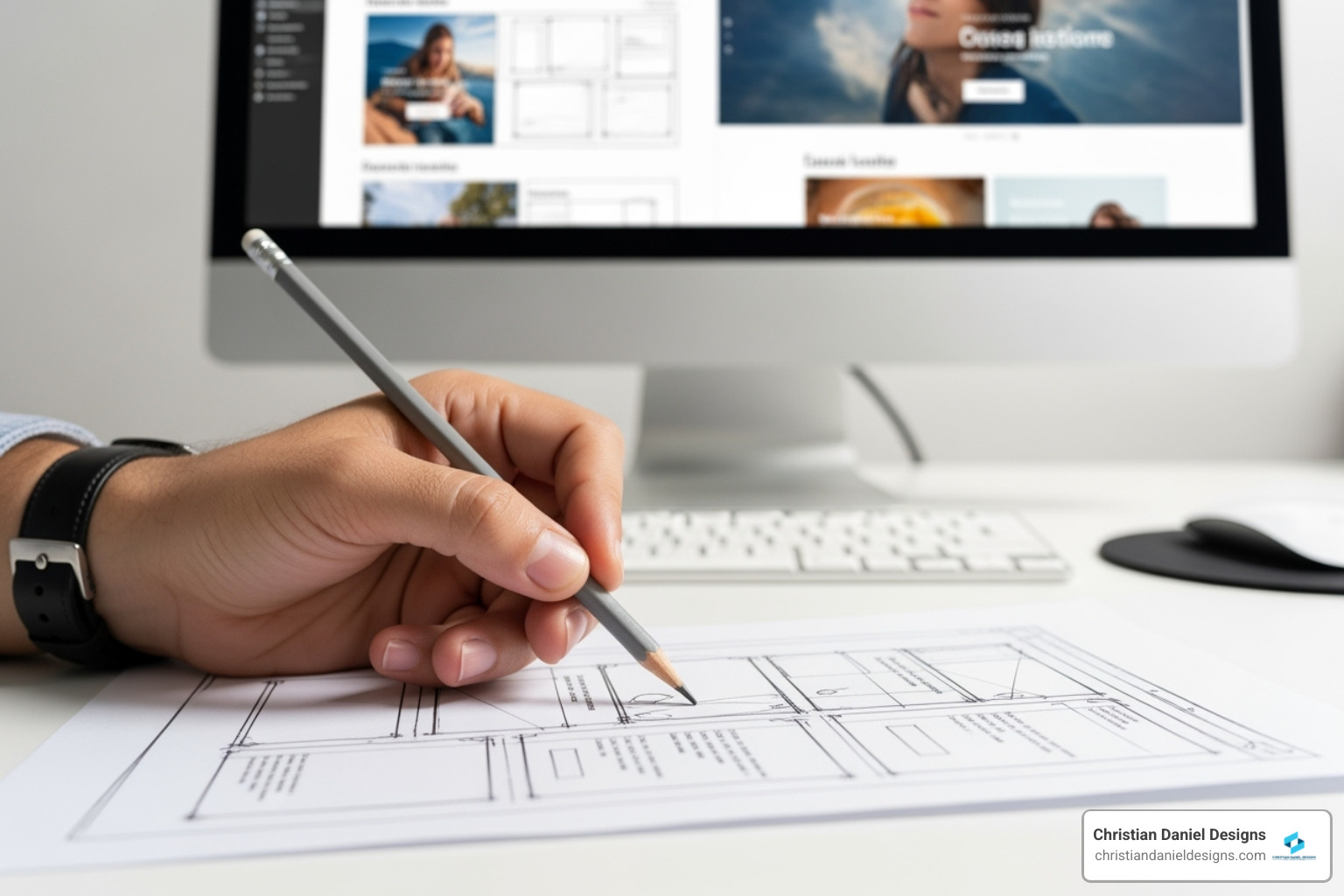 Wireframe Sketch Turning Into A Polished Website Design On A Screen - Website Designers For Small Business Near Me Wireframe sketch turning into a polished website design on a screen - website designers for small business near me