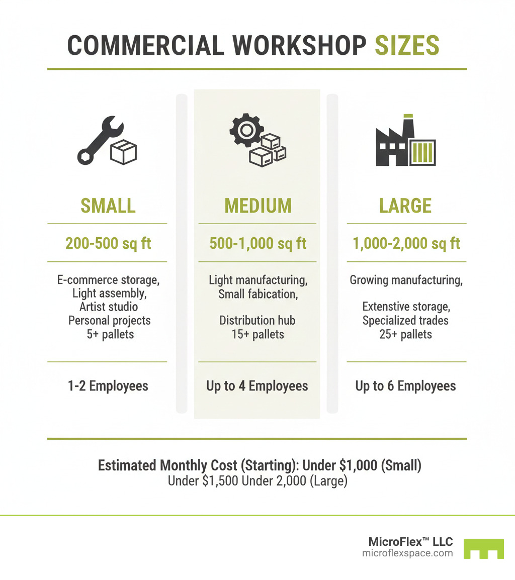 TABLE comparing small, medium, and large workshop sizes with typical uses and employee counts - Commercial workshop for rent infographic TABLE comparing small, medium, and large workshop sizes with typical uses and employee counts - Commercial workshop for rent infographic