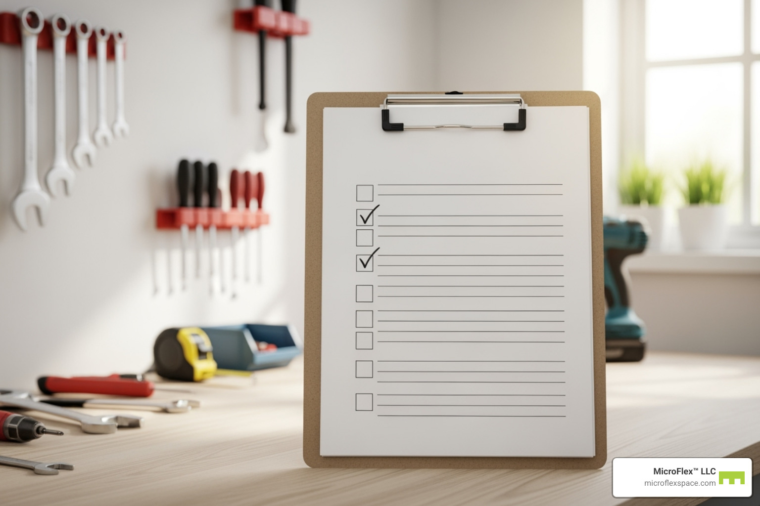 Checklist on a clipboard in a workshop setting - Commercial workshop for rent Checklist on a clipboard in a workshop setting - Commercial workshop for rent