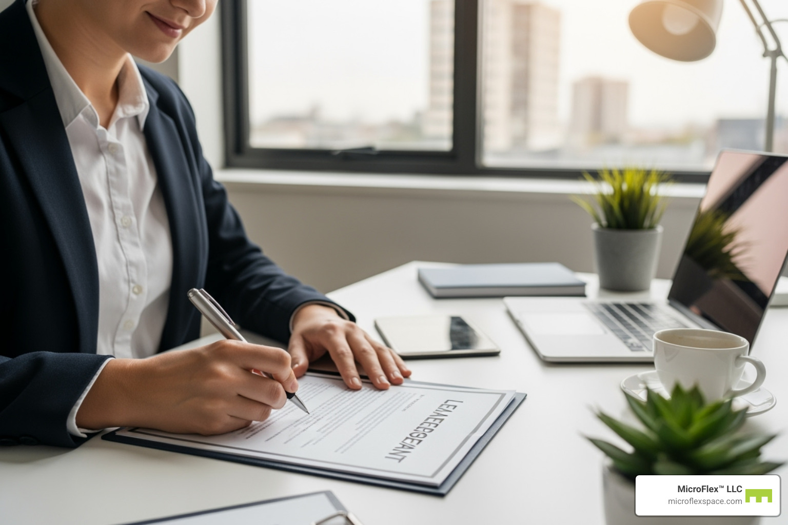 Person signing a lease agreement, looking pleased - Commercial workshop for rent Person signing a lease agreement, looking pleased - Commercial workshop for rent