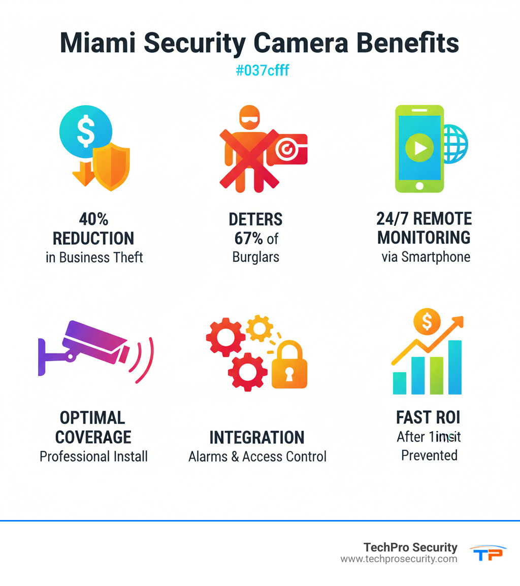 Infographic showing key benefits of professional security camera installation in Miami: 40% reduction in business theft, cameras deter 67% of burglars, 24/7 remote monitoring via smartphone, professional installation ensures optimal coverage, integration with alarms and access control for complete security, typical ROI after first prevented incident - security camera installation miami infographic  Infographic showing key benefits of professional security camera installation in Miami: 40% reduction in business theft, cameras deter 67% of burglars, 24/7 remote monitoring via smartphone, professional installation ensures optimal coverage, integration with alarms and access control for complete security, typical ROI after first prevented incident - security camera installation miami infographic