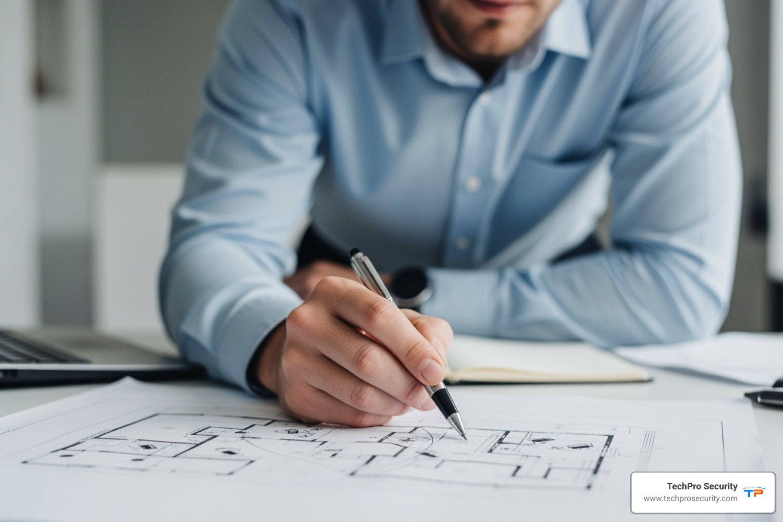 Professional technician planning camera placement on a blueprint - security camera installation miami Professional technician planning camera placement on a blueprint - security camera installation miami