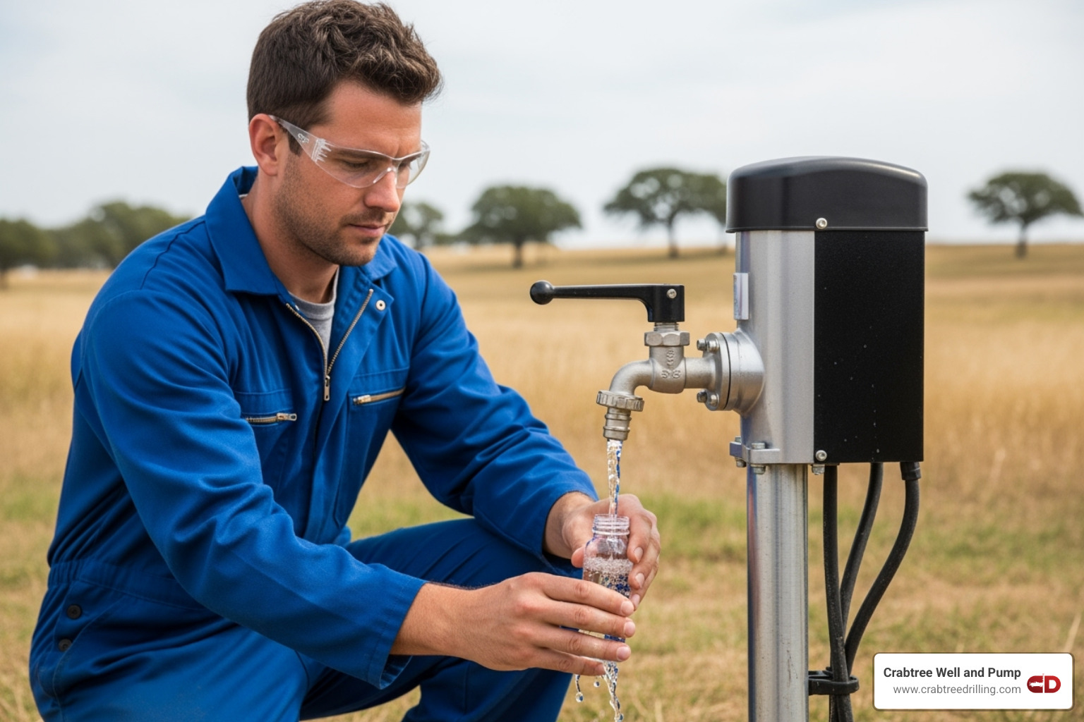 Technician taking a water sample from a newly installed well pump - well drilling regulations