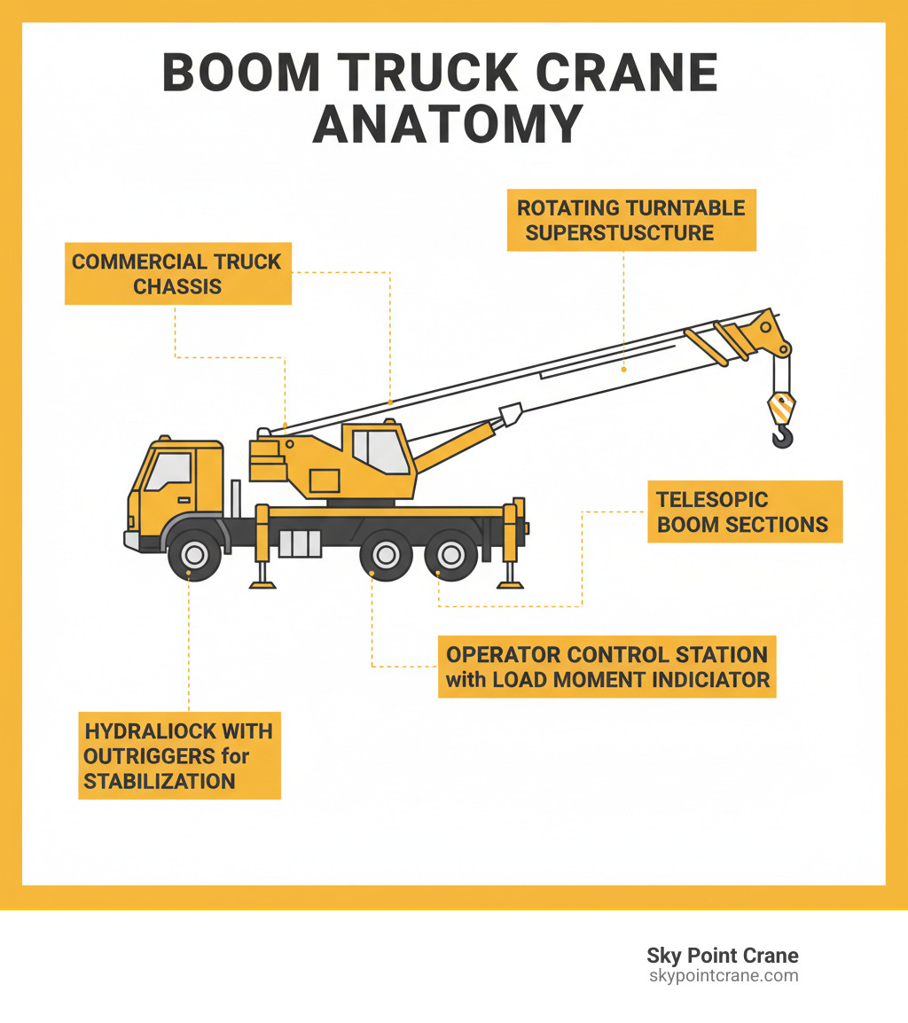 Infographic showing the anatomy of a boom truck crane with labeled parts including commercial truck chassis, rotating turntable superstructure, telescopic boom sections, hydraulic outriggers for stabilization, operator control station with Load Moment Indicator, and hook block with load capacity ratings - Boomtruck Cranes infographic Infographic showing the anatomy of a boom truck crane with labeled parts including commercial truck chassis, rotating turntable superstructure, telescopic boom sections, hydraulic outriggers for stabilization, operator control station with Load Moment Indicator, and hook block with load capacity ratings - Boomtruck Cranes infographic