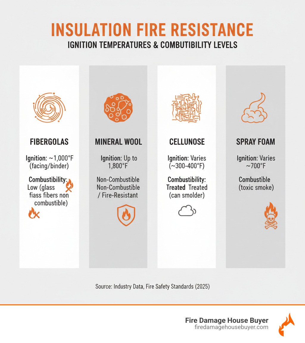 infographic showing fire resistance ratings of common insulation types including fiberglass mineral wool cellulose and spray foam with ignition temperatures and combustibility levels