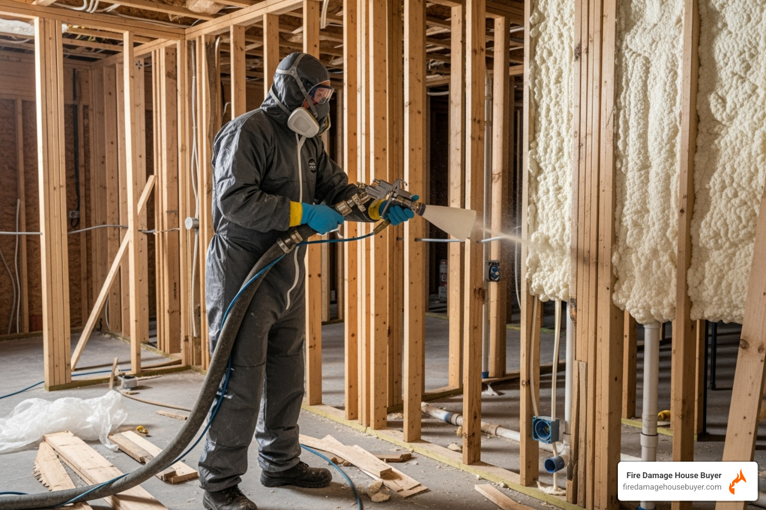 Spray foam insulation being applied - does house insulation burn​