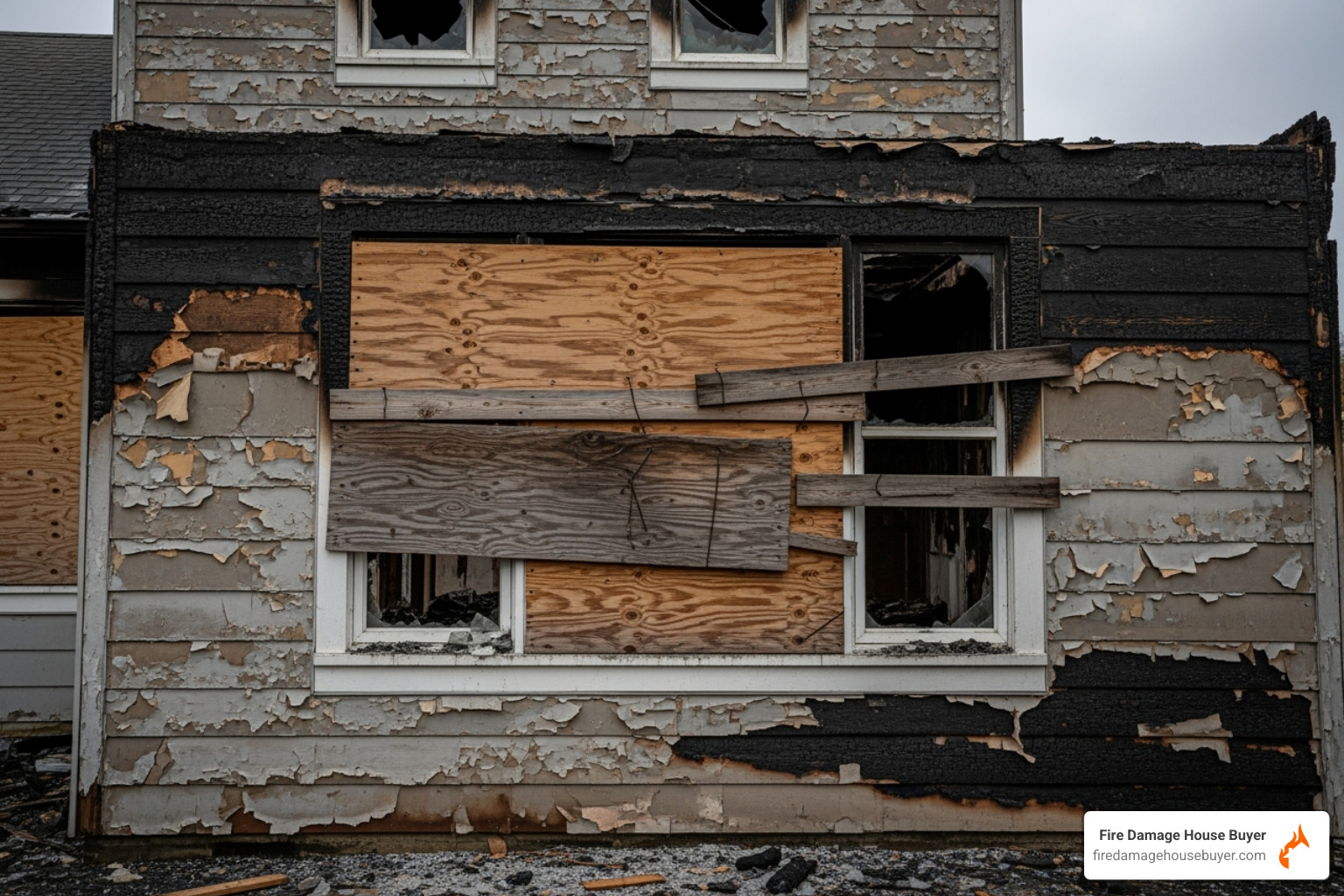 a boarded-up window on a fire-damaged house - what to do after a house fire with no insurance a boarded-up window on a fire-damaged house - what to do after a house fire with no insurance