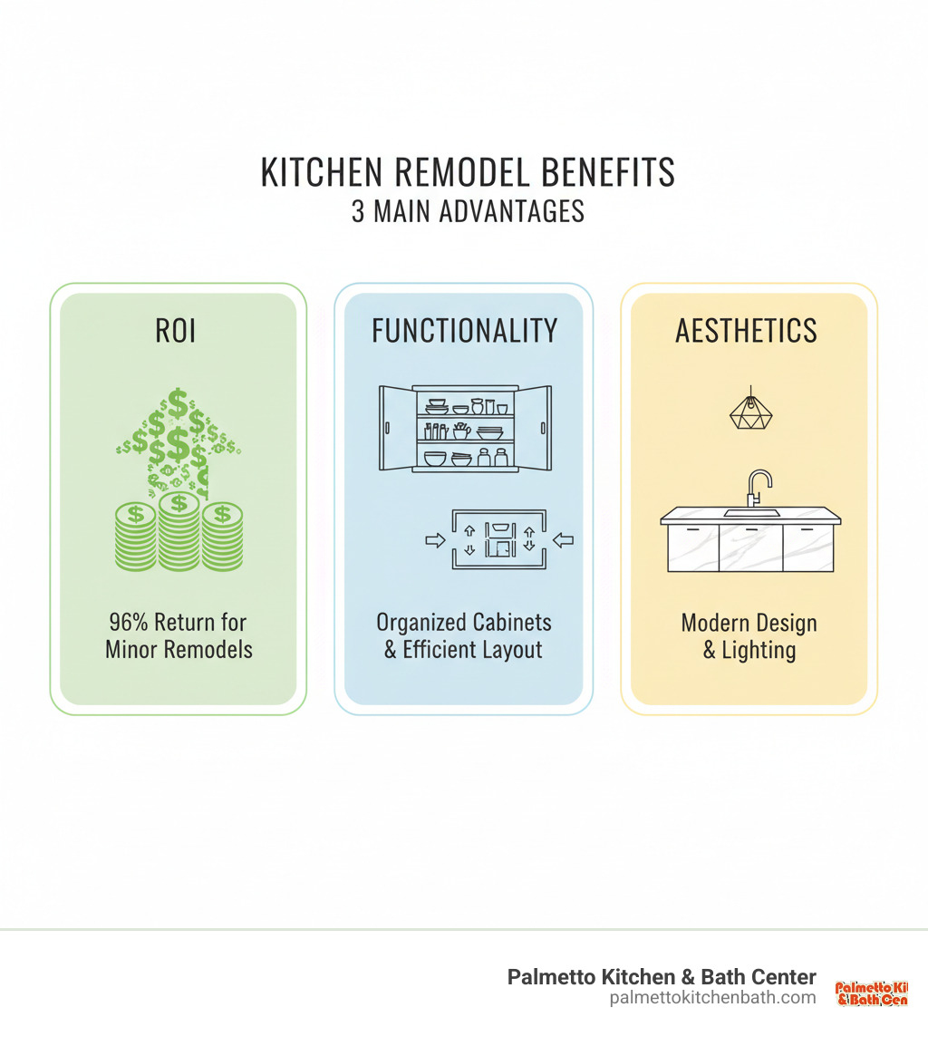 Infographic showing three main benefits of kitchen remodels: ROI with 96% return for minor remodels shown with dollar signs and upward arrow, Functionality with organized cabinets and efficient layout icons, and Aesthetics with modern kitchen design elements including countertops and lighting fixtures - kitchen remodel pros infographic 