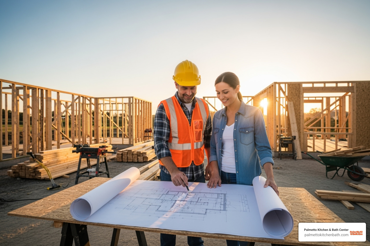 Contractor and homeowner happily reviewing blueprints on-site - home renovations Fort Lauderdale Contractor and homeowner happily reviewing blueprints on-site - home renovations Fort Lauderdale
