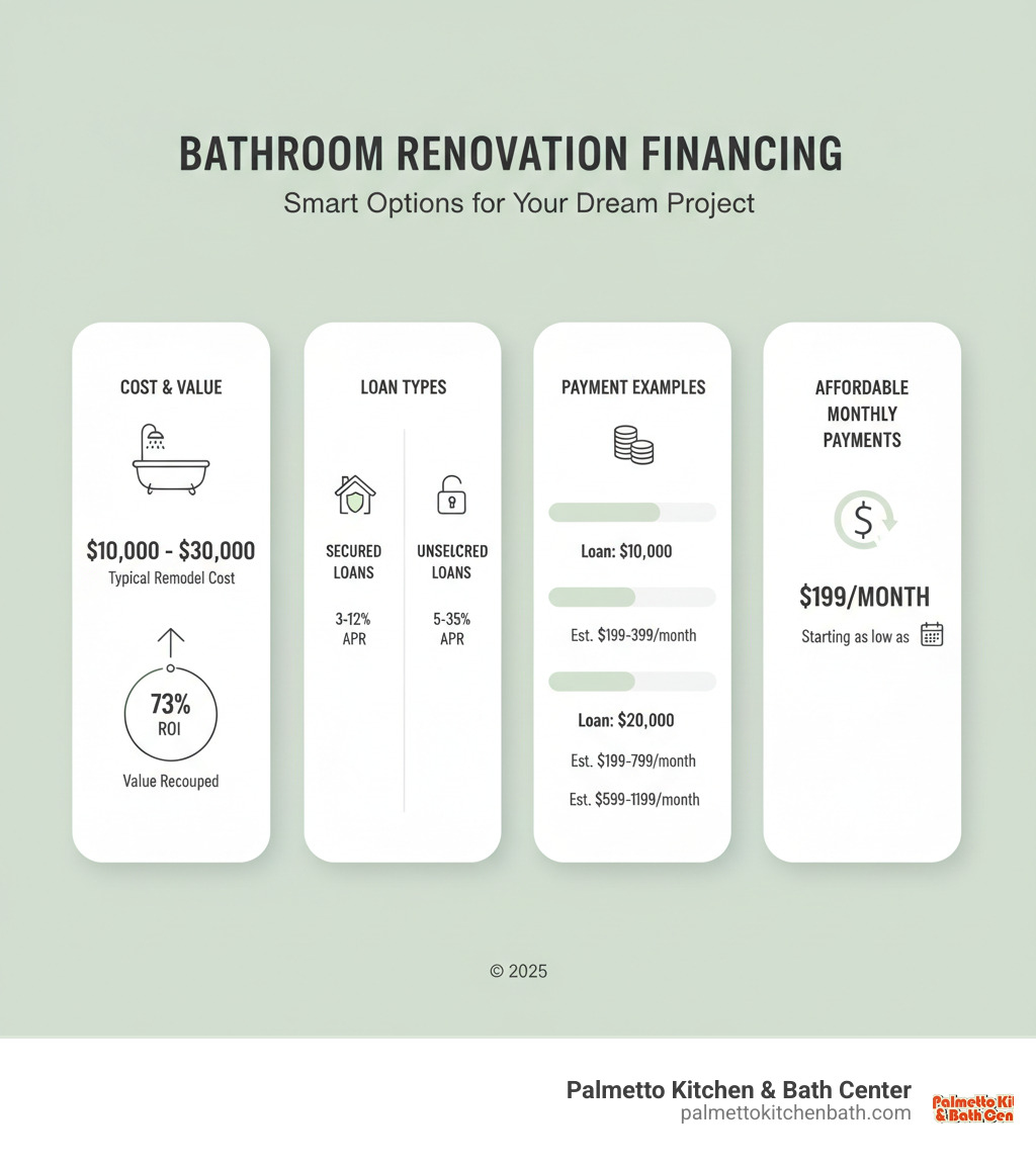 Infographic comparing average bathroom remodel costs ($10,000-$30,000 typical range) against value recouped (73% ROI), showing breakdown of secured loans (3-12% APR) versus unsecured loans (5-35% APR), payment examples at different loan amounts, and average monthly payments starting as low as $199/month - bathroom renovation financing infographic Infographic comparing average bathroom remodel costs ($10,000-$30,000 typical range) against value recouped (73% ROI), showing breakdown of secured loans (3-12% APR) versus unsecured loans (5-35% APR), payment examples at different loan amounts, and average monthly payments starting as low as $199/month - bathroom renovation financing infographic