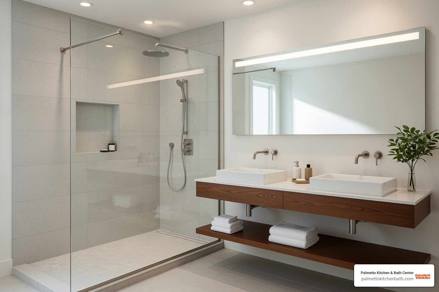 A modern bathroom featuring a spacious walk-in shower with frameless glass enclosure and a sleek floating vanity with dual sinks - bathroom remodelling fort lauderdale