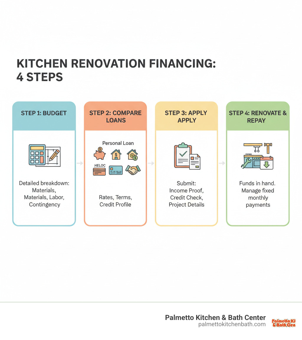 Infographic showing the 4-step kitchen renovation financing process: Step 1 - Create a detailed budget including materials, labor, and contingency funds; Step 2 - Compare loan options (personal loans, home equity loans, HELOCs, contractor financing) based on rates, terms, and your credit profile; Step 3 - Apply for financing with required documents (income verification, credit check, project details); Step 4 - Start your renovation with funds in hand and manage repayment through fixed monthly installments - kitchen renovation loan infographic Infographic showing the 4-step kitchen renovation financing process: Step 1 - Create a detailed budget including materials, labor, and contingency funds; Step 2 - Compare loan options (personal loans, home equity loans, HELOCs, contractor financing) based on rates, terms, and your credit profile; Step 3 - Apply for financing with required documents (income verification, credit check, project details); Step 4 - Start your renovation with funds in hand and manage repayment through fixed monthly installments - kitchen renovation loan infographic