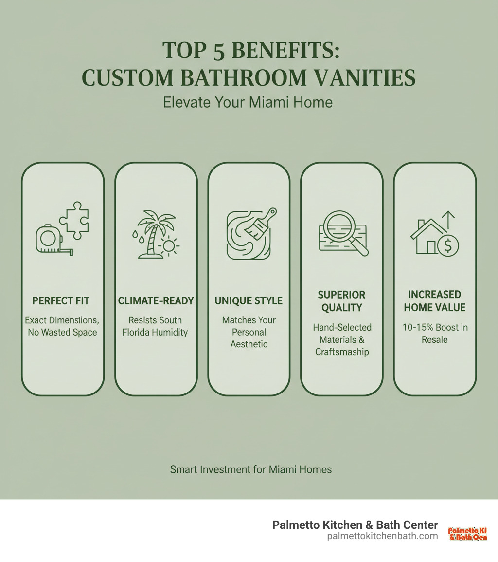 Infographic showing the top 5 benefits of choosing a custom bathroom vanity over a stock model: Perfect Fit for your exact space dimensions, Climate-Ready materials for South Florida humidity, Unique Style matching your personal aesthetic, Superior Quality with hand-selected materials and expert craftsmanship, and Increased Home Value with 10-15% boost in resale value. Each benefit includes an icon and brief description. - custom bathroom vanities Miami infographic 