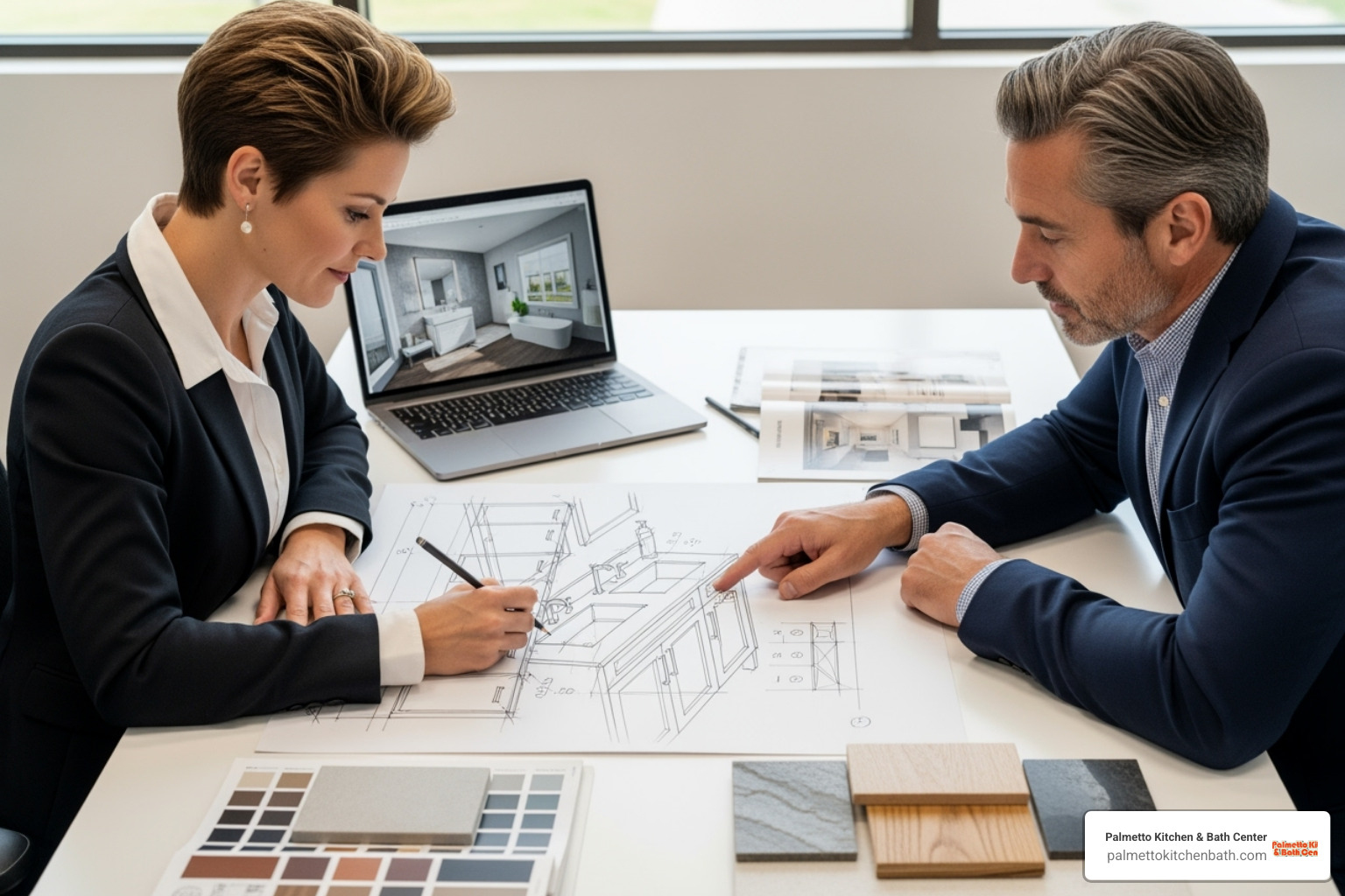 designer sketching a vanity design with a client - custom bathroom vanities Miami