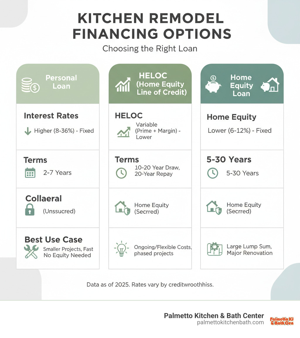 table comparing Personal Loans, HELOCs, and Home Equity Loans on key features like interest rates, terms, collateral, and best use cases - kitchen remodel financing infographic table comparing Personal Loans, HELOCs, and Home Equity Loans on key features like interest rates, terms, collateral, and best use cases - kitchen remodel financing infographic