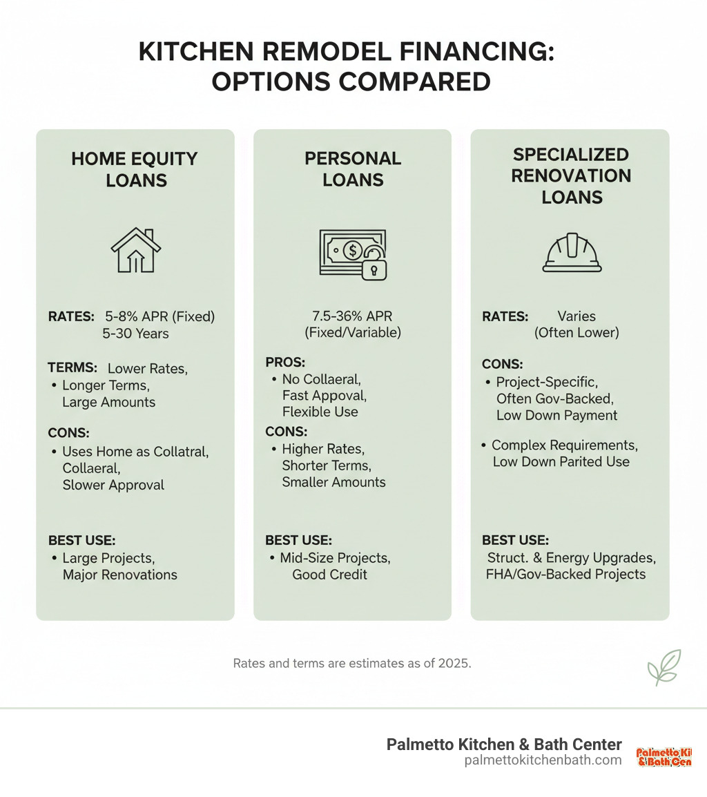 infographic showing comparison of kitchen remodel financing options including home equity loans, personal loans, and specialized renovation loans with their typical rates, terms, pros and cons, and best use cases - kitchen remodel financing infographic infographic showing comparison of kitchen remodel financing options including home equity loans, personal loans, and specialized renovation loans with their typical rates, terms, pros and cons, and best use cases - kitchen remodel financing infographic