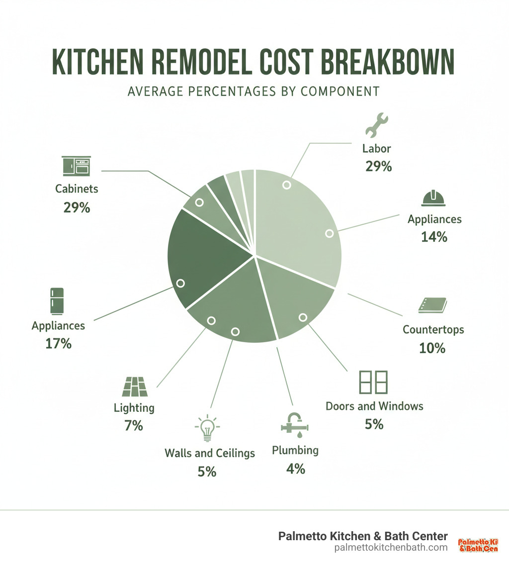 infographic showing kitchen remodel cost breakdown: Cabinets 29%, Labor 17%, Appliances 14%, Countertops 10%, Flooring 7%, Lighting 5%, Walls and Ceilings 5%, Doors and Windows 4%, Plumbing 4%, Other 5% - kitchen remodel quotes infographic infographic showing kitchen remodel cost breakdown: Cabinets 29%, Labor 17%, Appliances 14%, Countertops 10%, Flooring 7%, Lighting 5%, Walls and Ceilings 5%, Doors and Windows 4%, Plumbing 4%, Other 5% - kitchen remodel quotes infographic