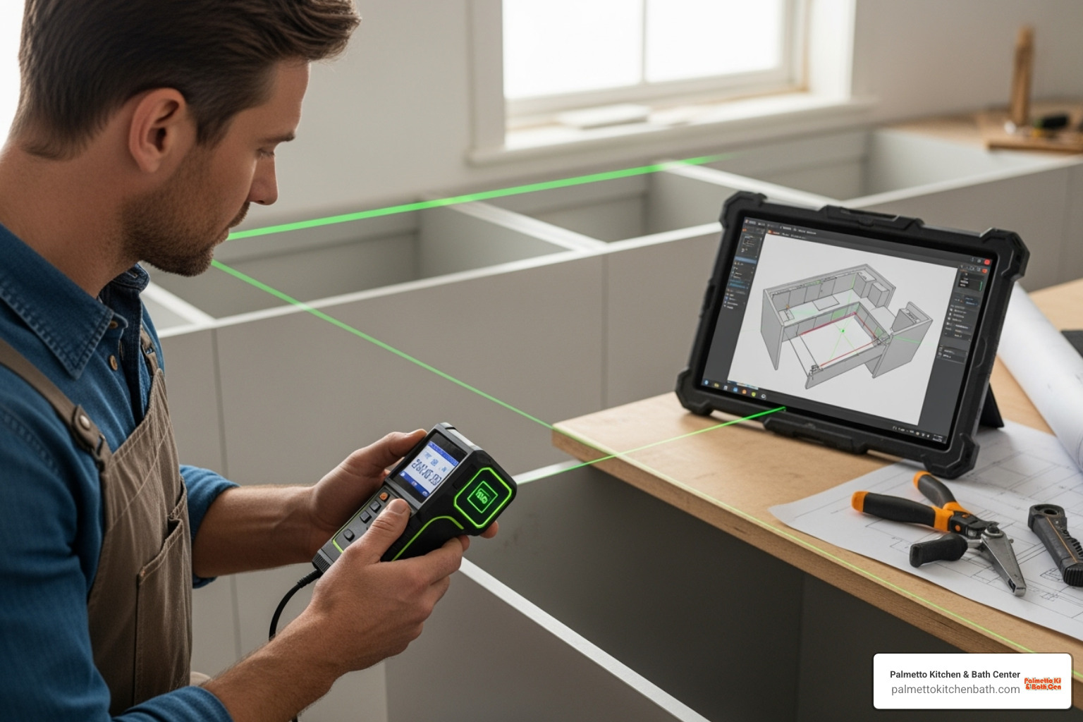 craftsman taking precise laser measurements for a countertop template - granite countertops Miami FL craftsman taking precise laser measurements for a countertop template - granite countertops Miami FL