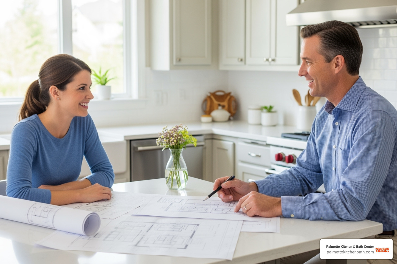 a homeowner smiling while reviewing blueprints with a Palmetto Kitchen & Bath Center contractor - kitchen remodel quotes a homeowner smiling while reviewing blueprints with a Palmetto Kitchen & Bath Center contractor - kitchen remodel quotes