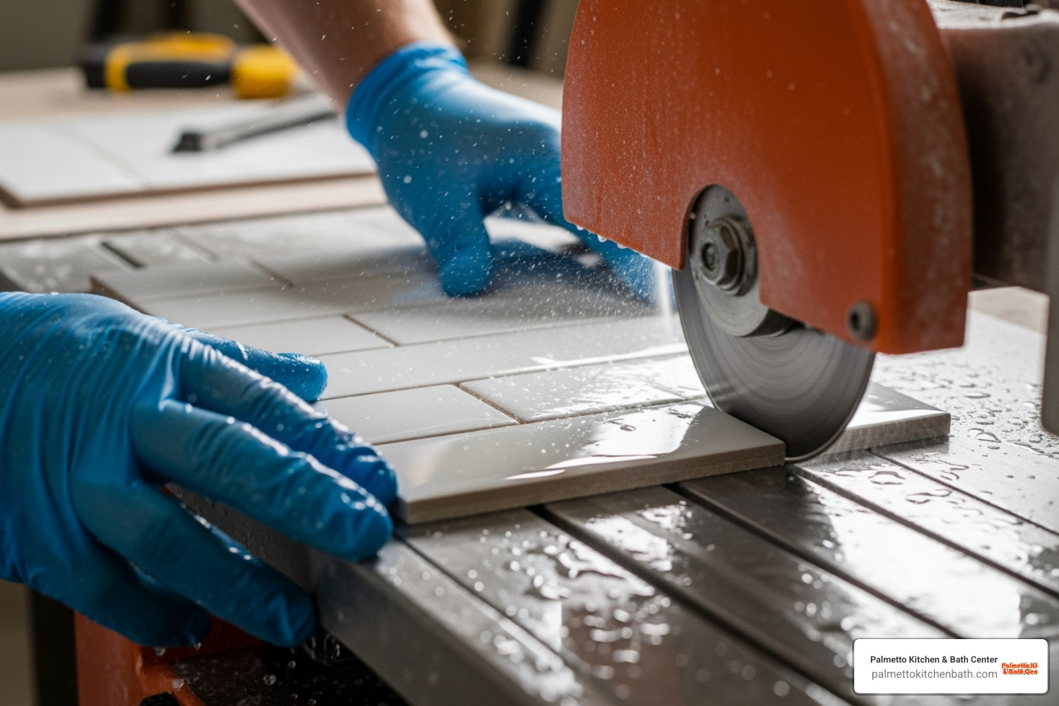 tile being cut with a wet saw - Kitchen backsplash installation tile being cut with a wet saw - Kitchen backsplash installation