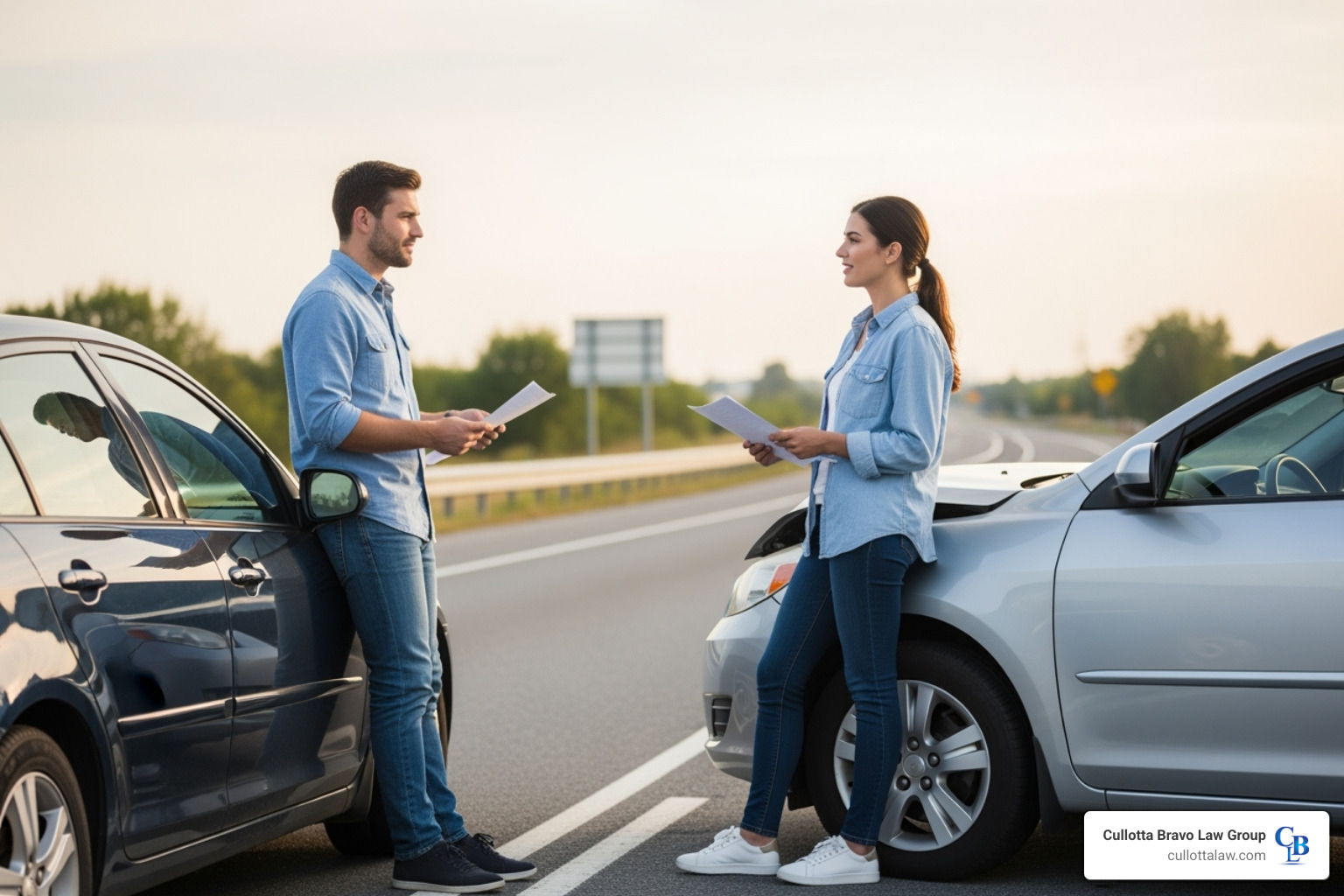 Two drivers calmly exchanging information by the roadside after a minor accident - car accident insurance claim