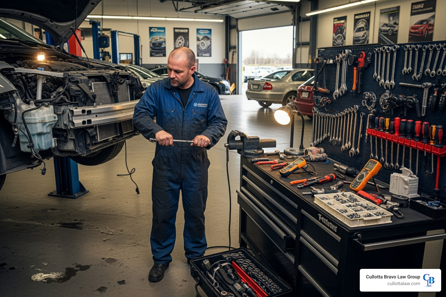 A mechanic working on a damaged car in a repair shop, with tools laid out on a workbench - car accident insurance claim