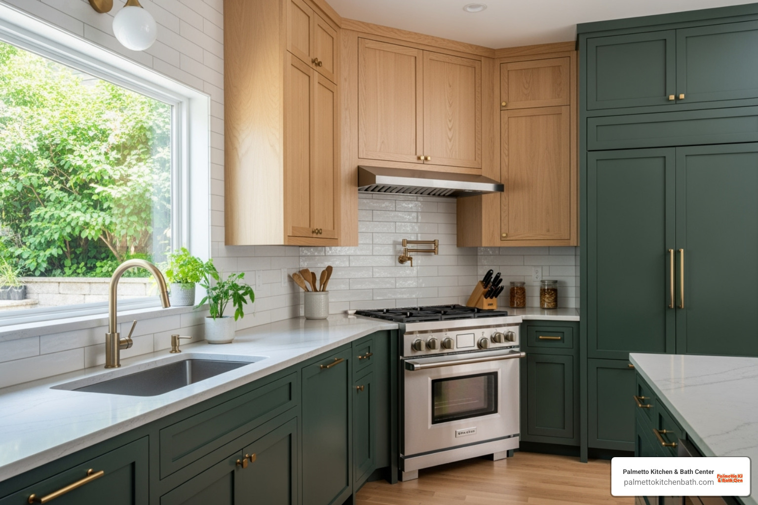 a two-tone kitchen with dark green lower cabinets and natural wood uppers - 2025 wood kitchen cabinets