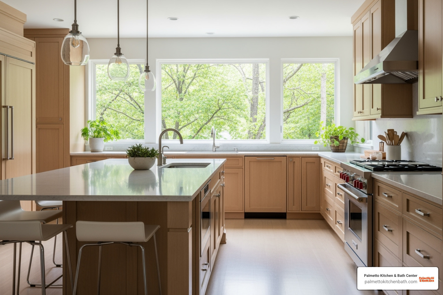 a bright, airy kitchen with light wood cabinets and large windows showing greenery - 2025 wood kitchen cabinets