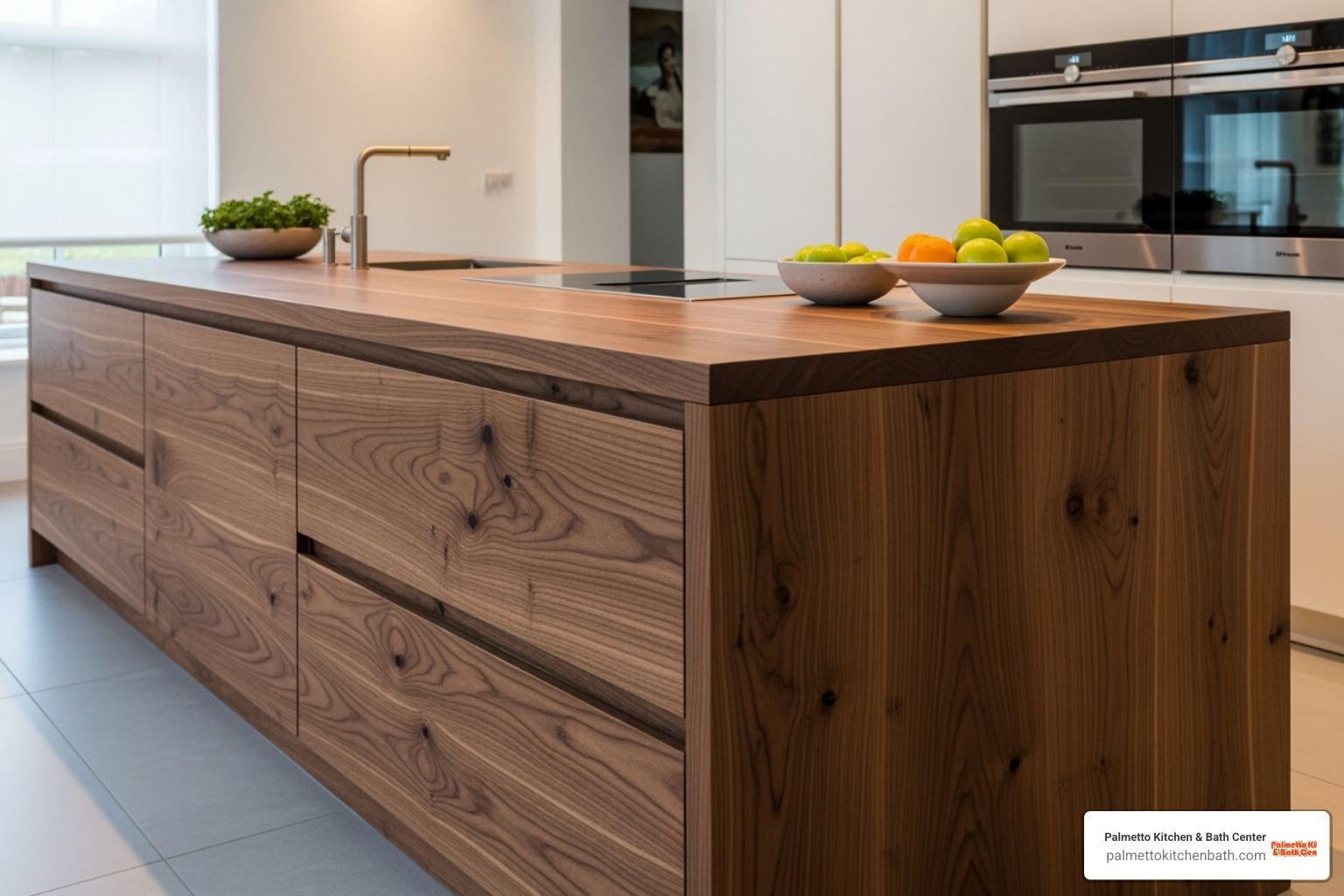 a kitchen island showing the rich grain of walnut wood - 2025 wood kitchen cabinets